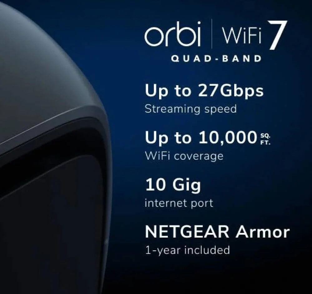 مودم روتر مش وای فای 7 چهار بانده NETGEAR Orbi 970 Series، سرعت BE27000، تا باند 6 گیگاهرتز، تا 11530 مگابیت در ثانیه، 12 آنتن داخلی با کارایی بالا، تک عددی، مشکی | RBE970B مودم روتر مش وای فای 7 چهار بانده NETGEAR Orbi 970 Series، سرعت BE27000، تا باند 6 گیگاهرتز، تا 11530 مگابیت در ثانیه، 12 آنتن داخلی با کارایی بالا، تک عددی، مشکی | RBE970B