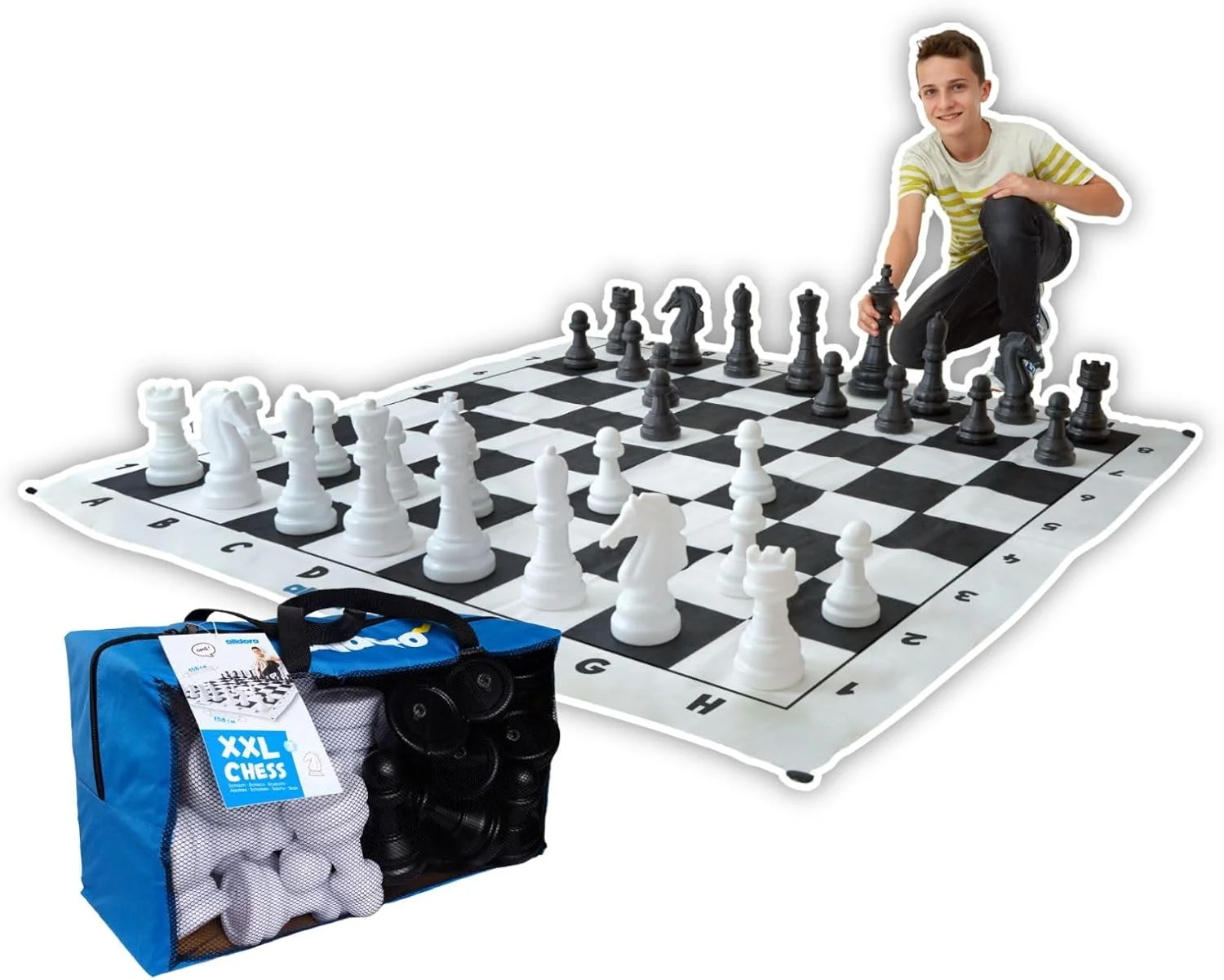 شطرنج باغی alldoro 60080، بازی شطرنج فضای باز، شطرنج باغی با 32 مهره شطرنج، شطرنج غول پیکر با کیف حمل، زیرانداز بزرگ باغی با طرح صفحه شطرنج، برای کودکان از 3 سال به بالا و بزرگسالان