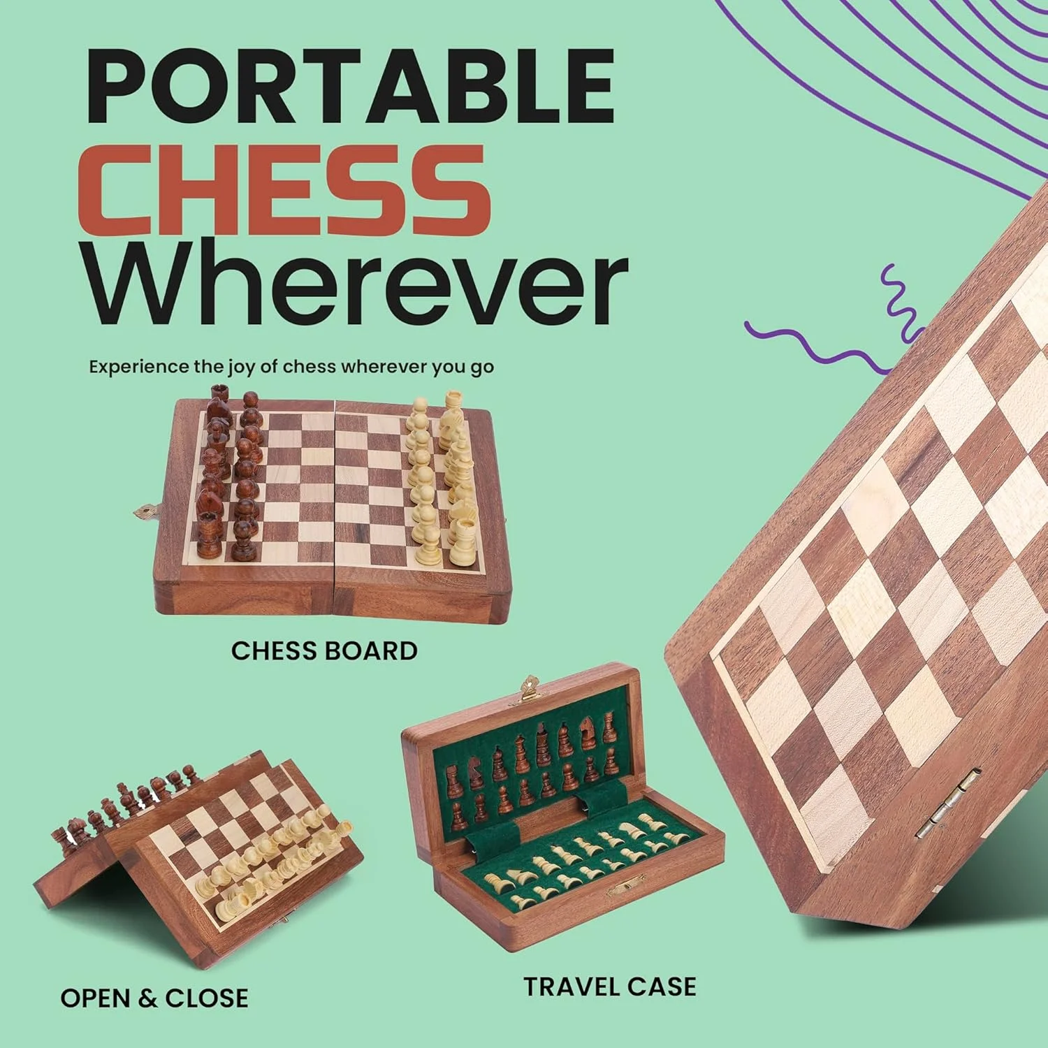 صفحه شطرنج مسافرتی مغناطیسی آجونی - چوب اقاقیا دست ساز، صفحه تاشو با نگهداری شیک