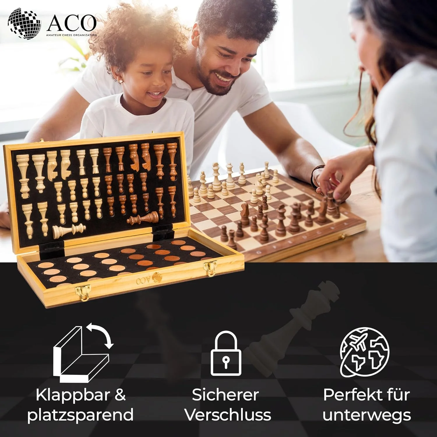 بازی شطرنج ACO با کتاب شطرنج 38 در 38 سانتی متر - شطرنج و چکرز ساخته شده از چوب گردو تاشو و مغناطیسی با کیف مسافرتی - مجموعه صفحه شطرنج چوبی - بازی های تخته ای