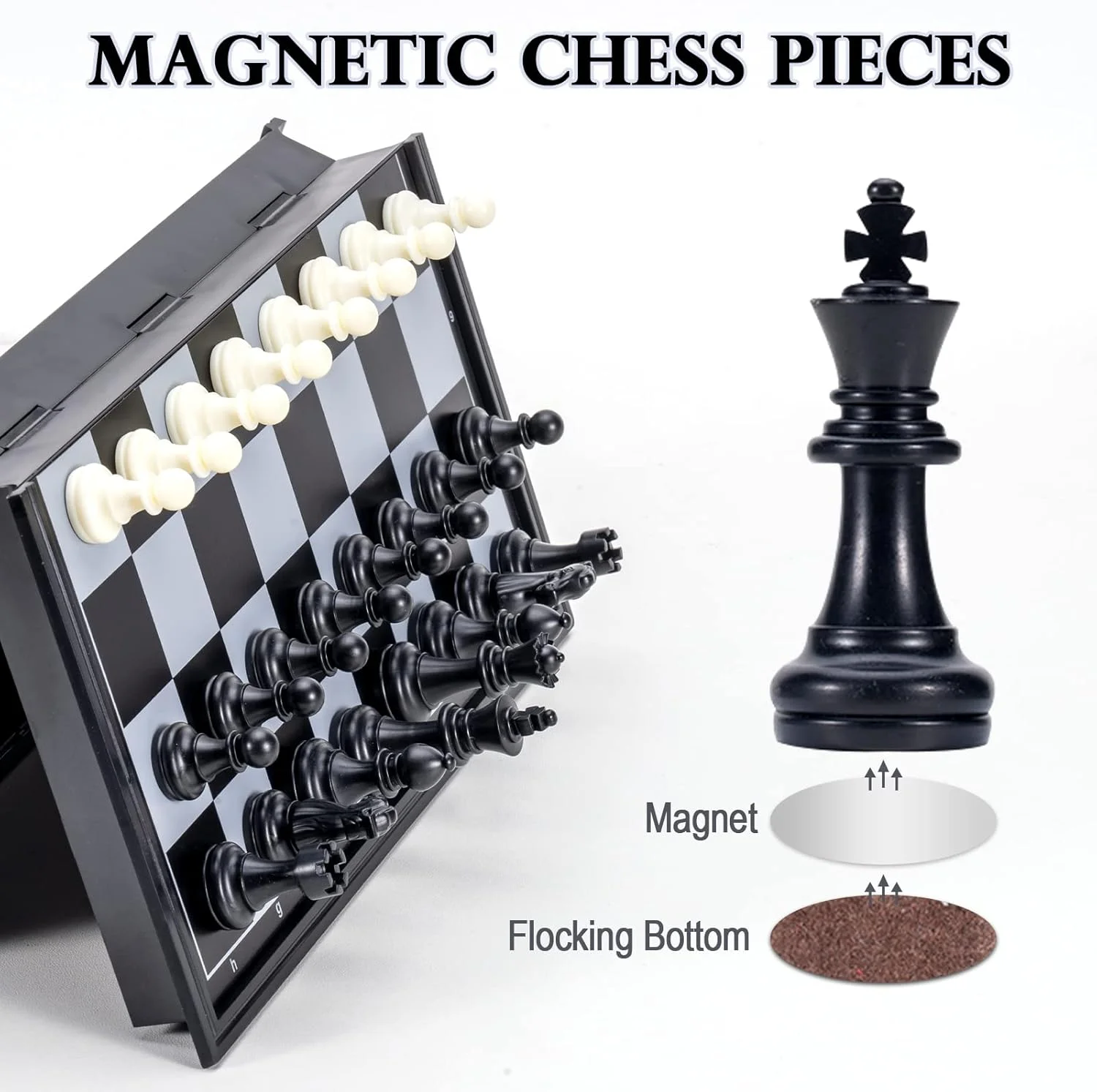 بازی شطرنج کودکان Carehabi با مهره های مغناطیسی، صفحه شطرنج تاشو قابل حمل، سیاه و سفید مناسب برای مبتدیان (25x25 سانتی متر)