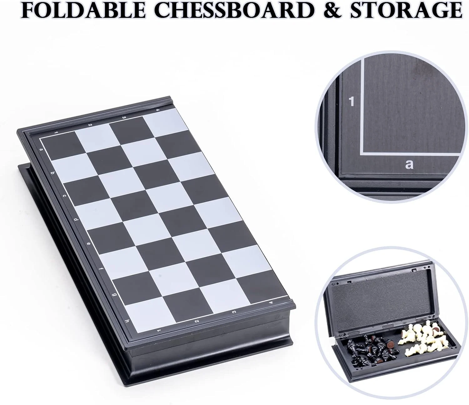 بازی شطرنج کودکان Carehabi با مهره های مغناطیسی، صفحه شطرنج تاشو قابل حمل، سیاه و سفید مناسب برای مبتدیان (25x25 سانتی متر)