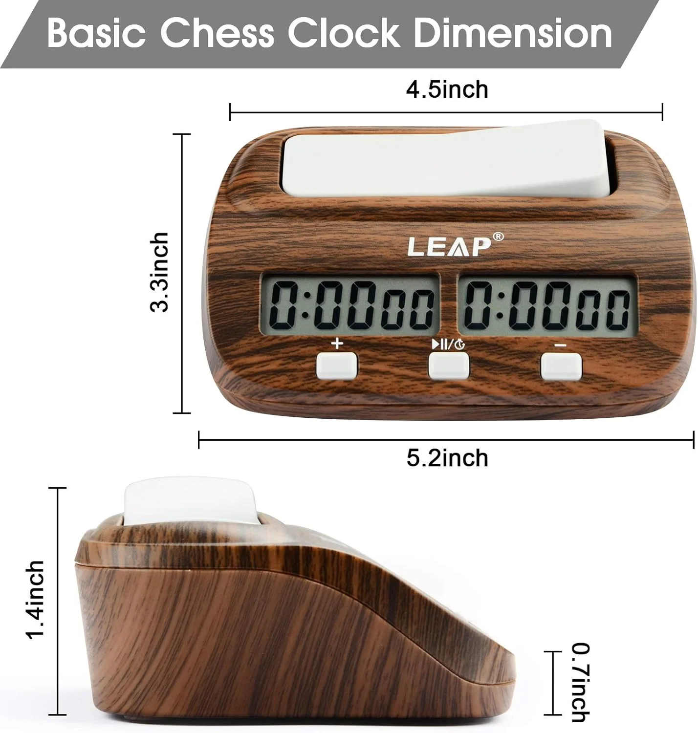 ساعت شطرنج LEAP با آلارم شمارش معکوس، عملکردهای تاخیر برای شطرنج و بازی های تخته ای 2 نفره با ظاهر دانه چوب کلاسیک