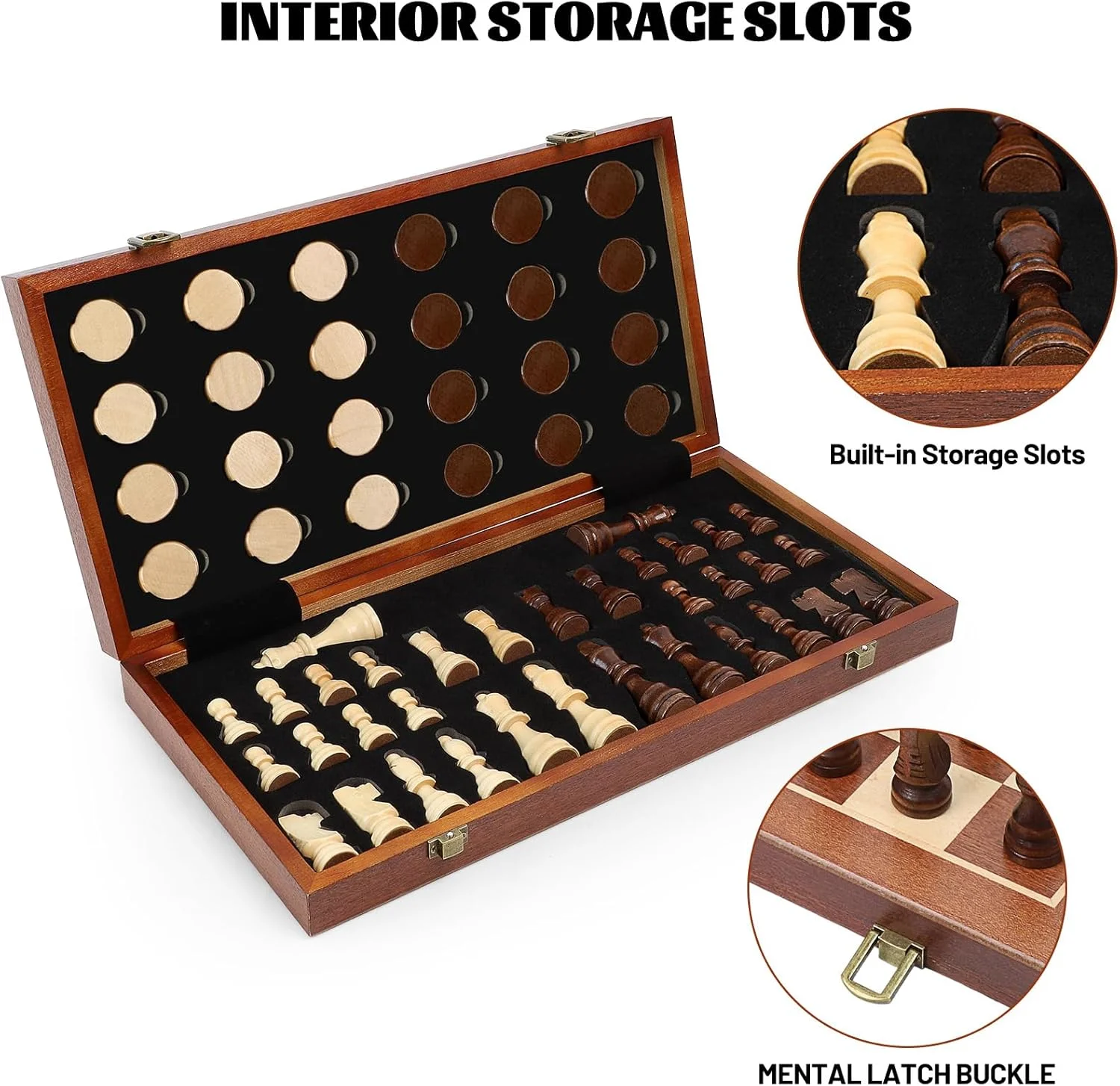 صفحه شطرنج تاشو چوبی 15 اینچی LEAP / مهره های شطرنج با ارتفاع 3 اینچ، صفحه شطرنج مسافرتی قابل حمل تاشو - روکش چوب ساپلی و افرا