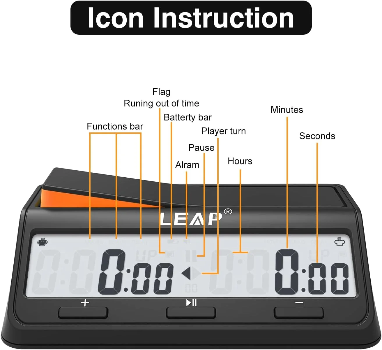 ساعت شطرنج دیجیتال پیشرفته LEAP مناسب بازی های تخته ای و شطرنج با قابلیت شمارش معکوس و آلارم - مشکی/نارنجی