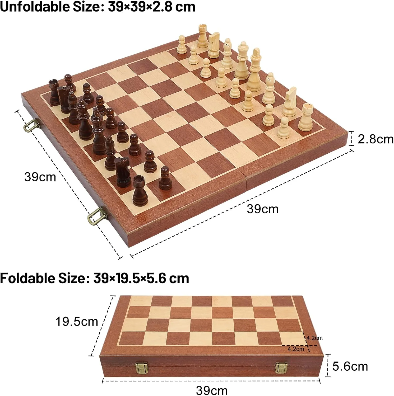 صفحه شطرنج تاشو چوبی 15 اینچی LEAP / مهره های شطرنج با ارتفاع 3 اینچ، صفحه شطرنج مسافرتی قابل حمل تاشو - روکش چوب ساپلی و افرا