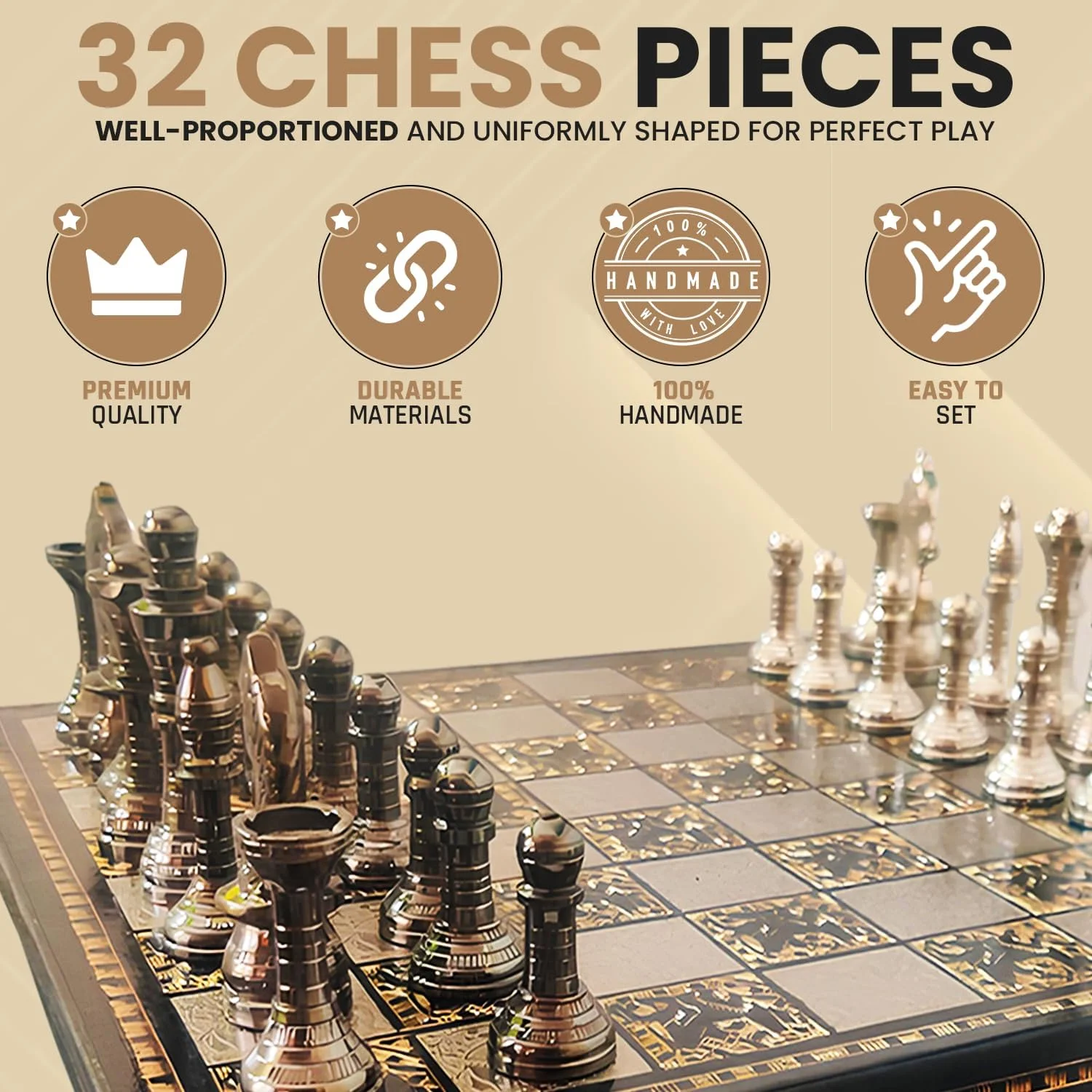 مجموعه بازی شطرنج کلکسیونی برنجی فلزی ممتاز NewIndiaHaat با مهره های شطرنج برنجی که در جعبه مخملی نگهداری می شوند. (30x30 سانتی متر)