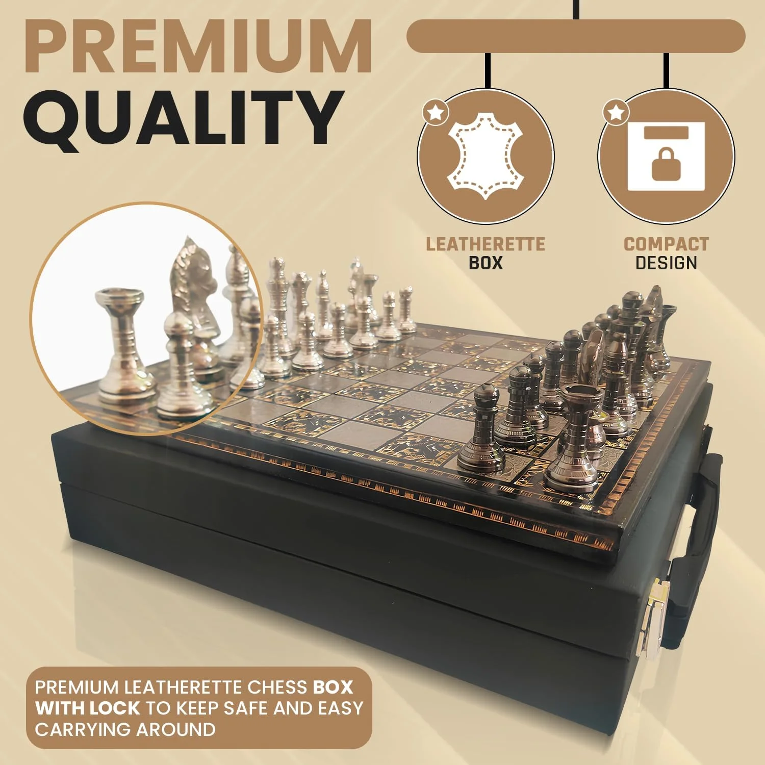 مجموعه بازی شطرنج کلکسیونی برنجی فلزی ممتاز NewIndiaHaat با مهره های شطرنج برنجی که در جعبه مخملی نگهداری می شوند. (30x30 سانتی متر)