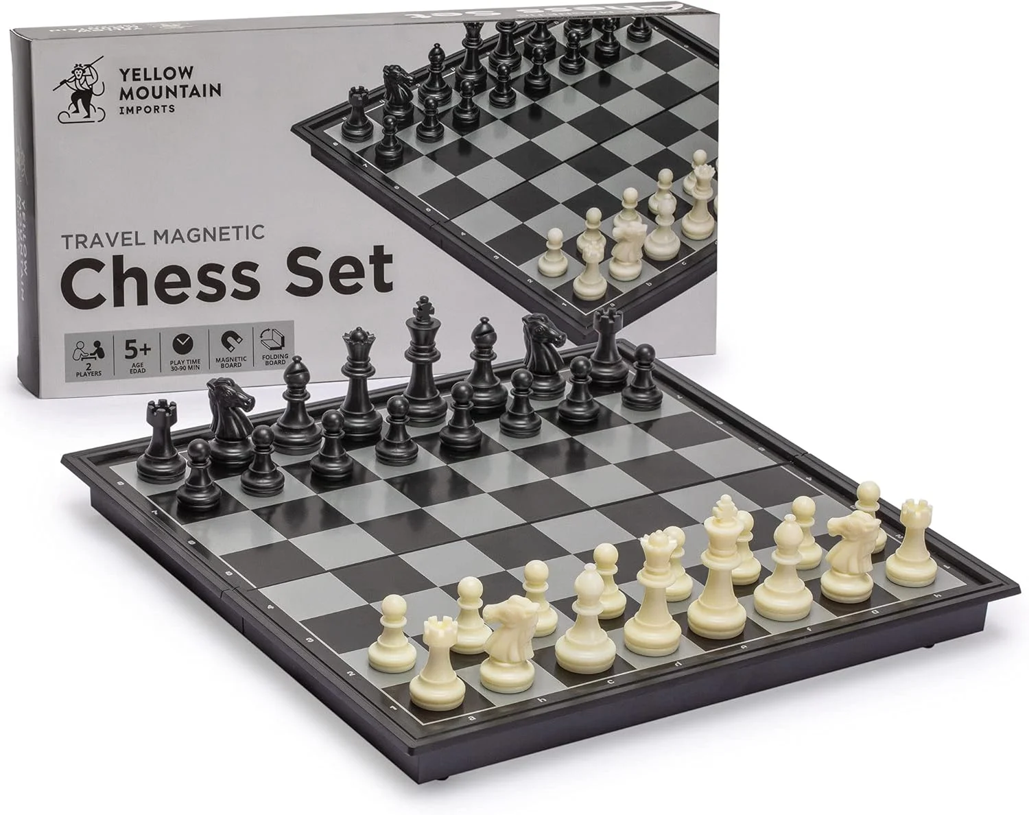 مجموعه بازی شطرنج مغناطیسی قابل حمل Yellow Mountain Imports سایز متوسط (24.8 سانتی متر) - مجموعه شطرنج مسافرتی با صفحه تاشو و مهره های شطرنج با زیره نمدی