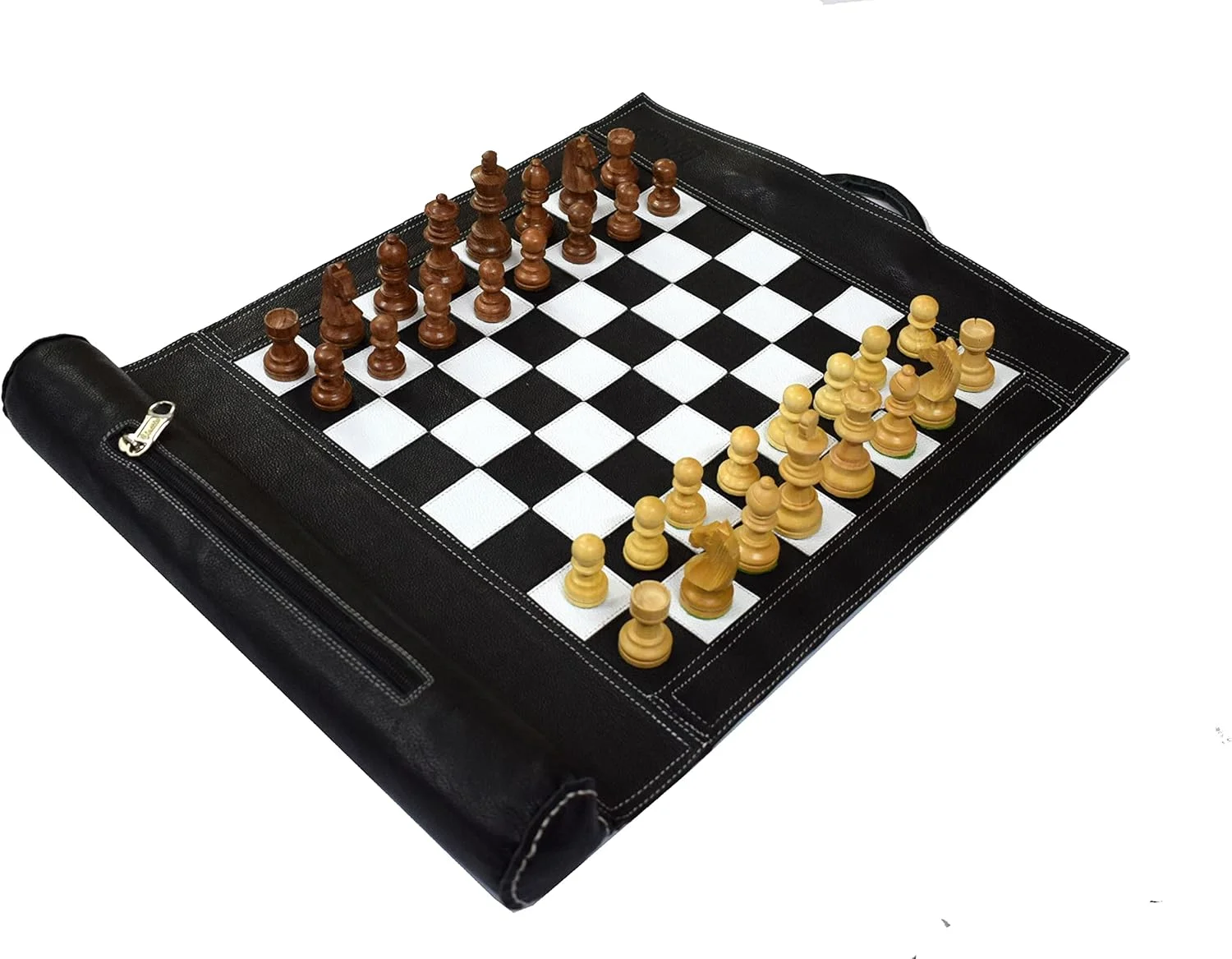 صفحه شطرنج چرمی اصل 48x38 سانتی‌متری (اندازه شطرنج 30x30 سانتی‌متری) - به همراه مهره‌های شطرنج چوبی 7.6 سانتی‌متری و صفحه شطرنج چرمی رولی (مشکی)