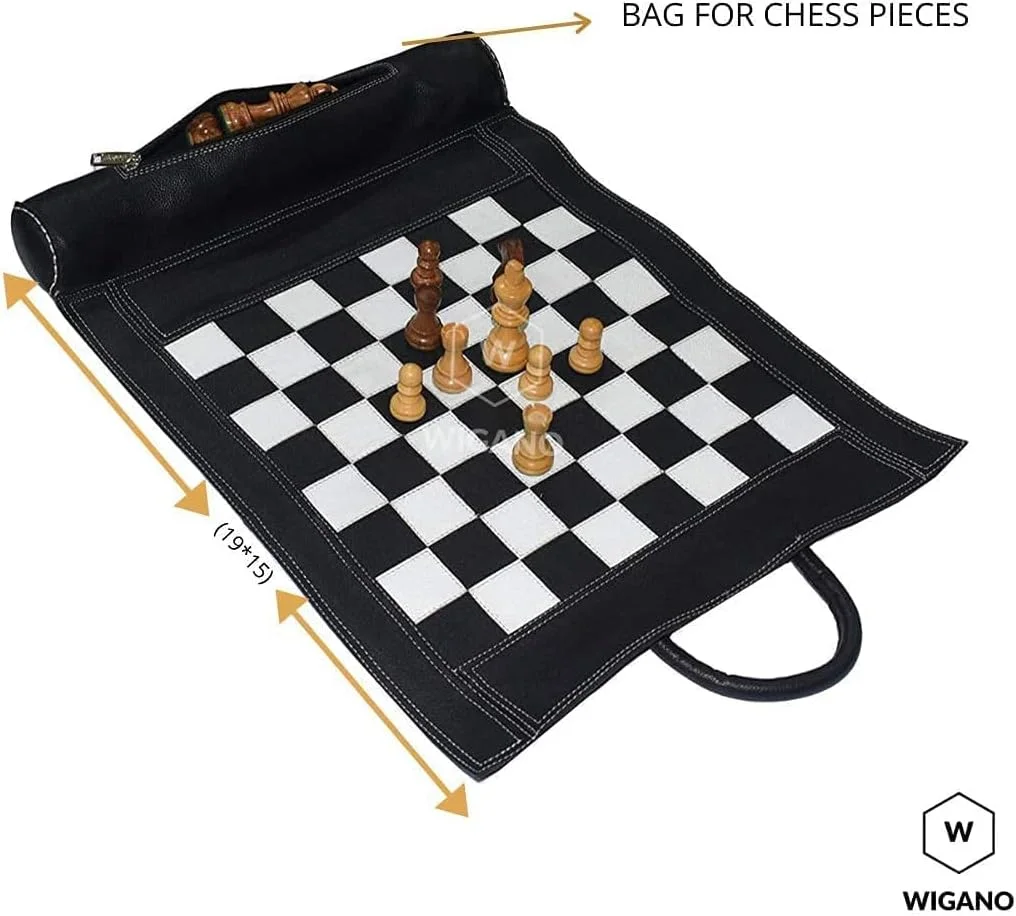 صفحه شطرنج چرمی اصل 48x38 سانتی‌متری (اندازه شطرنج 30x30 سانتی‌متری) - به همراه مهره‌های شطرنج چوبی 7.6 سانتی‌متری و صفحه شطرنج چرمی رولی (مشکی)