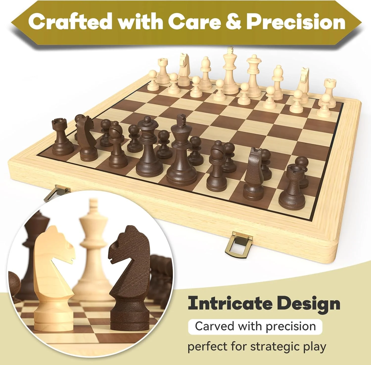 صفحه شطرنج و دوز تاشو چوبی 38 سانتی متری، بازی تخته ای 2 در 1، مهره های شاه استانتون 7.6 سانتی متری، 2 مهره اضافی