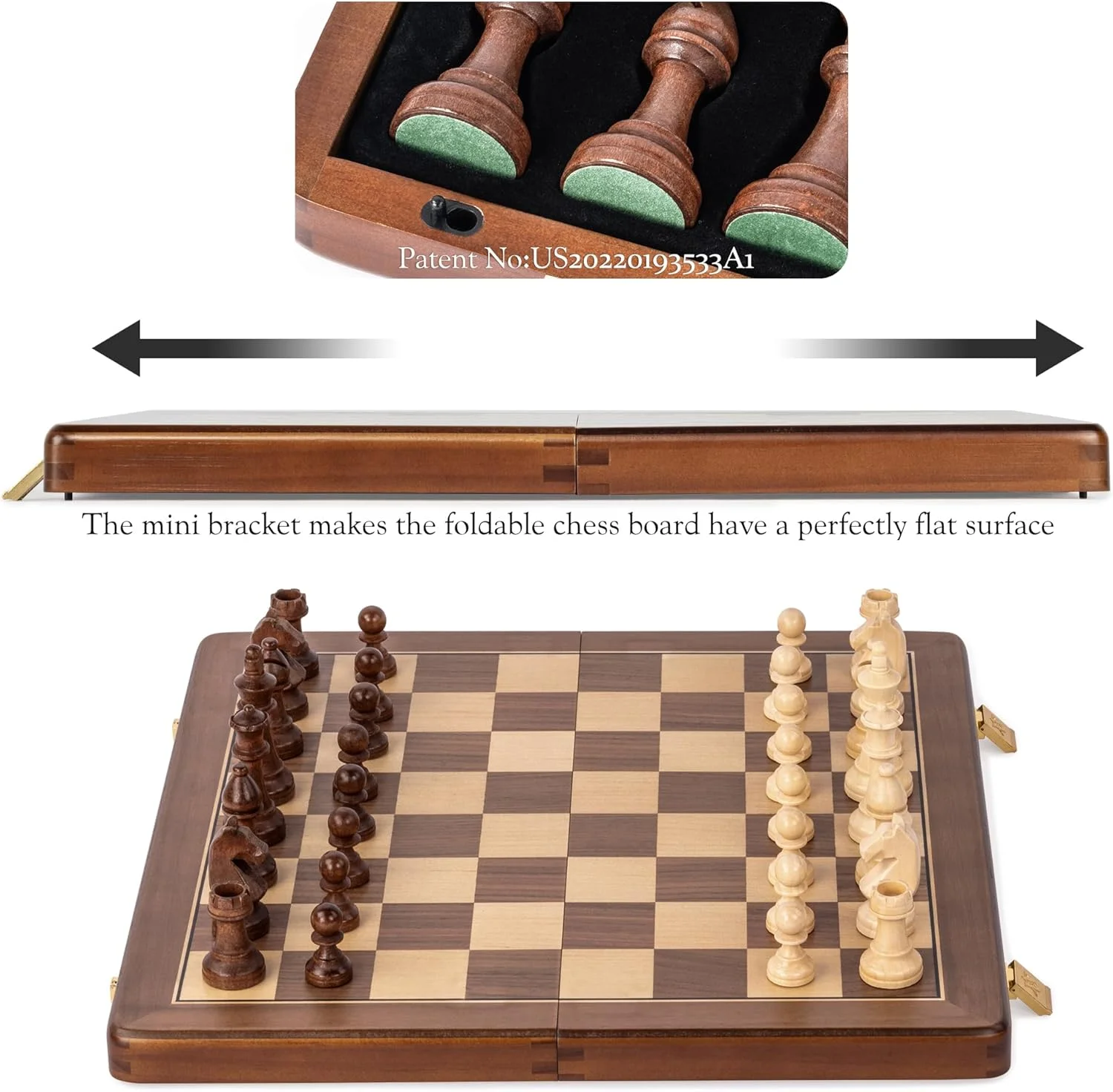 صفحه شطرنج و تخته نرد تاشو چوبی A&A با ارتفاع مهره شاه 7.6 سانتی متر - جعبه گردویی با روکش گردو و افرا