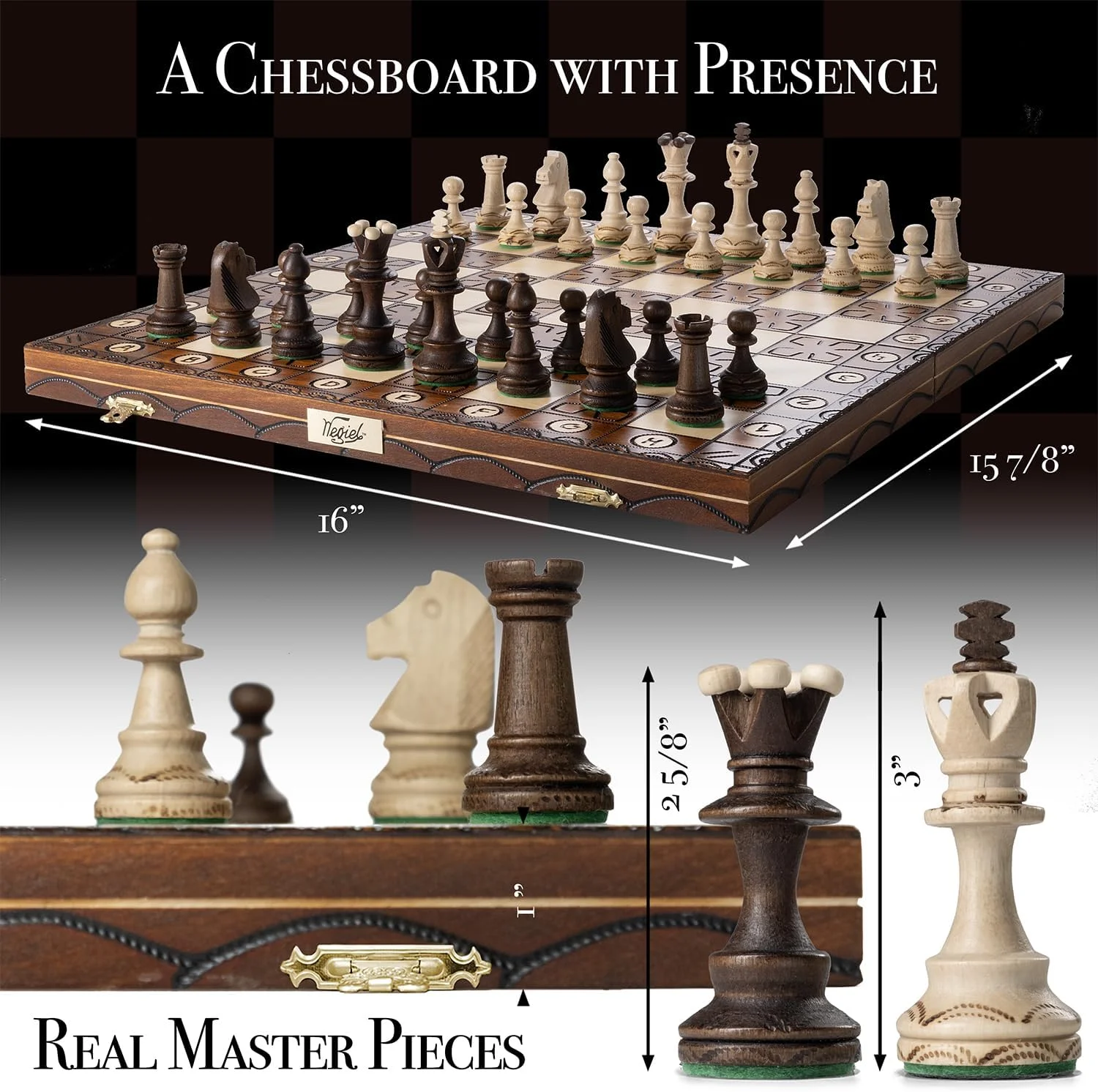 صفحه شطرنج بین المللی اروپایی دست ساز Wegiel Junior - صفحه شطرنج چوبی لوکس 16 اینچی برای بزرگسالان و کودکان، چوب راش و توس ممتاز - طراحی تاشو منحصر به فرد با محل نگهداری