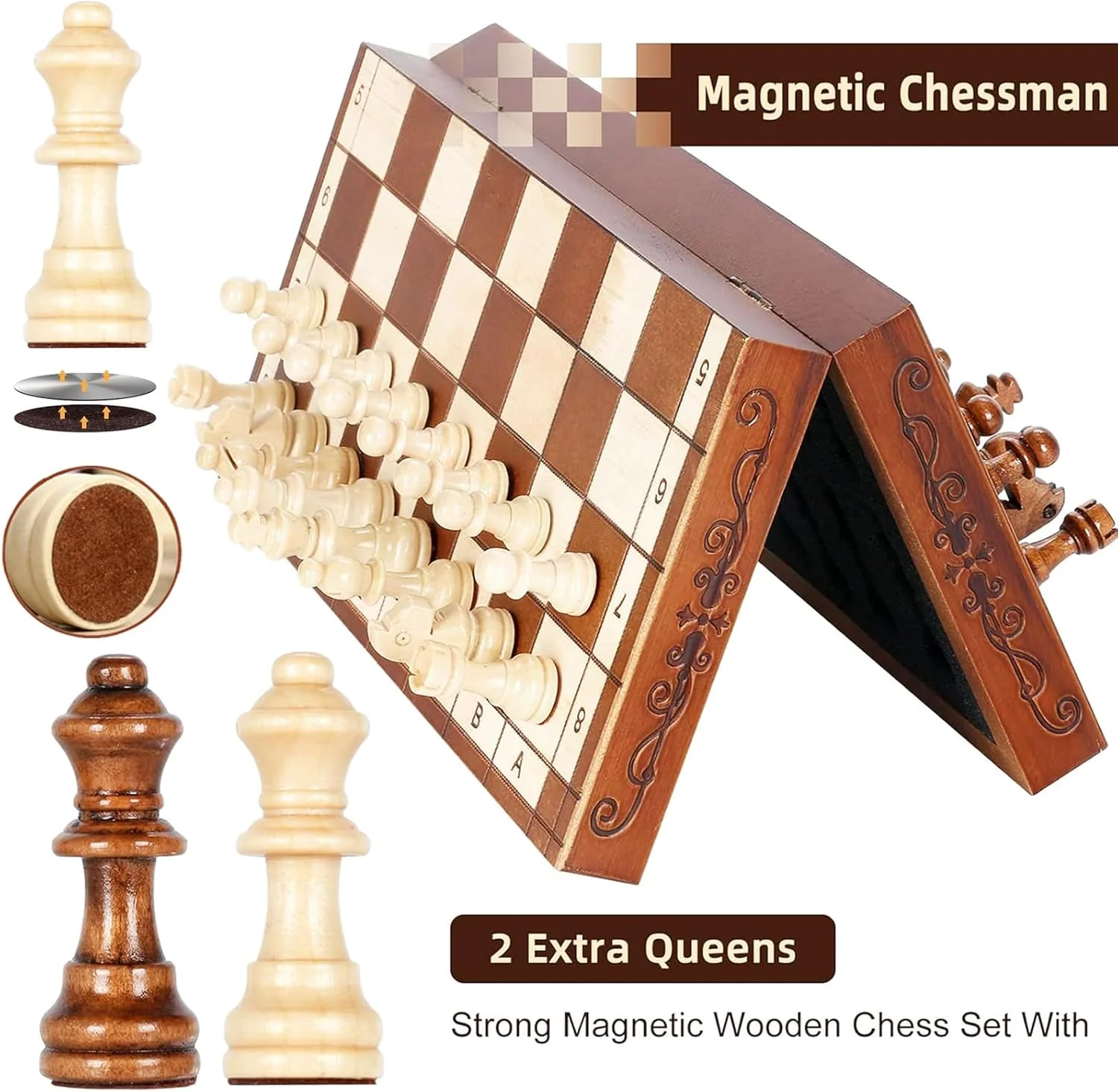 صفحه شطرنج مغناطیسی، بازی تخته ای چوبی تاشو دست ساز قابل حمل به همراه مهره ها و محفظه نگهداری