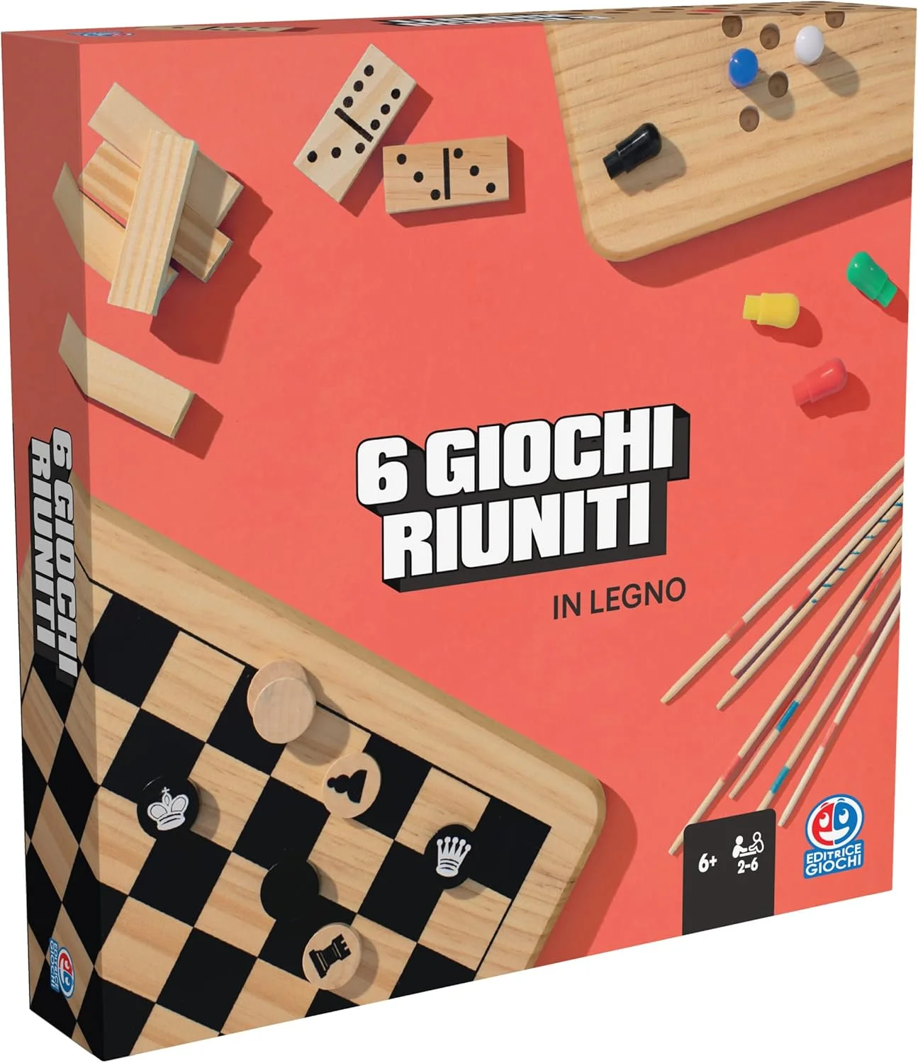 مجموعه 6 بازی تخته ای چوبی کلاسیک برای تمام خانواده شامل بازی چینی، دومینو، شطرنج و چکرز، شانگهای و برج. مناسب برای 2 تا 6 بازیکن
