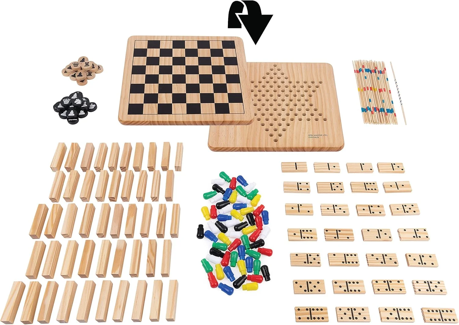 مجموعه 6 بازی تخته ای چوبی کلاسیک برای تمام خانواده شامل بازی چینی، دومینو، شطرنج و چکرز، شانگهای و برج. مناسب برای 2 تا 6 بازیکن