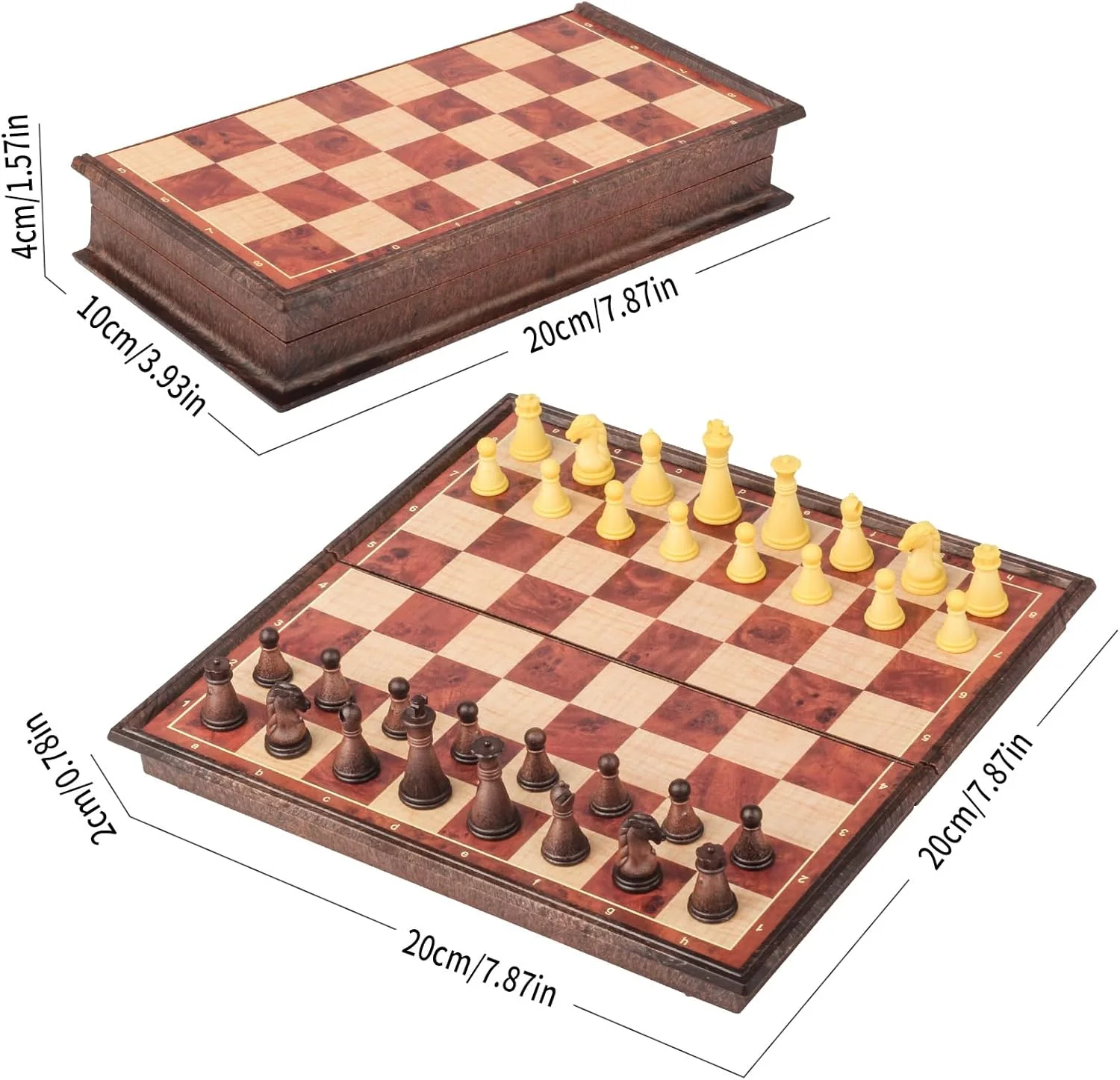 بازی شطرنج مغناطیسی کوچک، 20 سانتی متر، طرح چوب گردو، کیف قابل حمل کوچک، بازی شطرنج تاشو، ایده آل برای مسافرت و هدیه