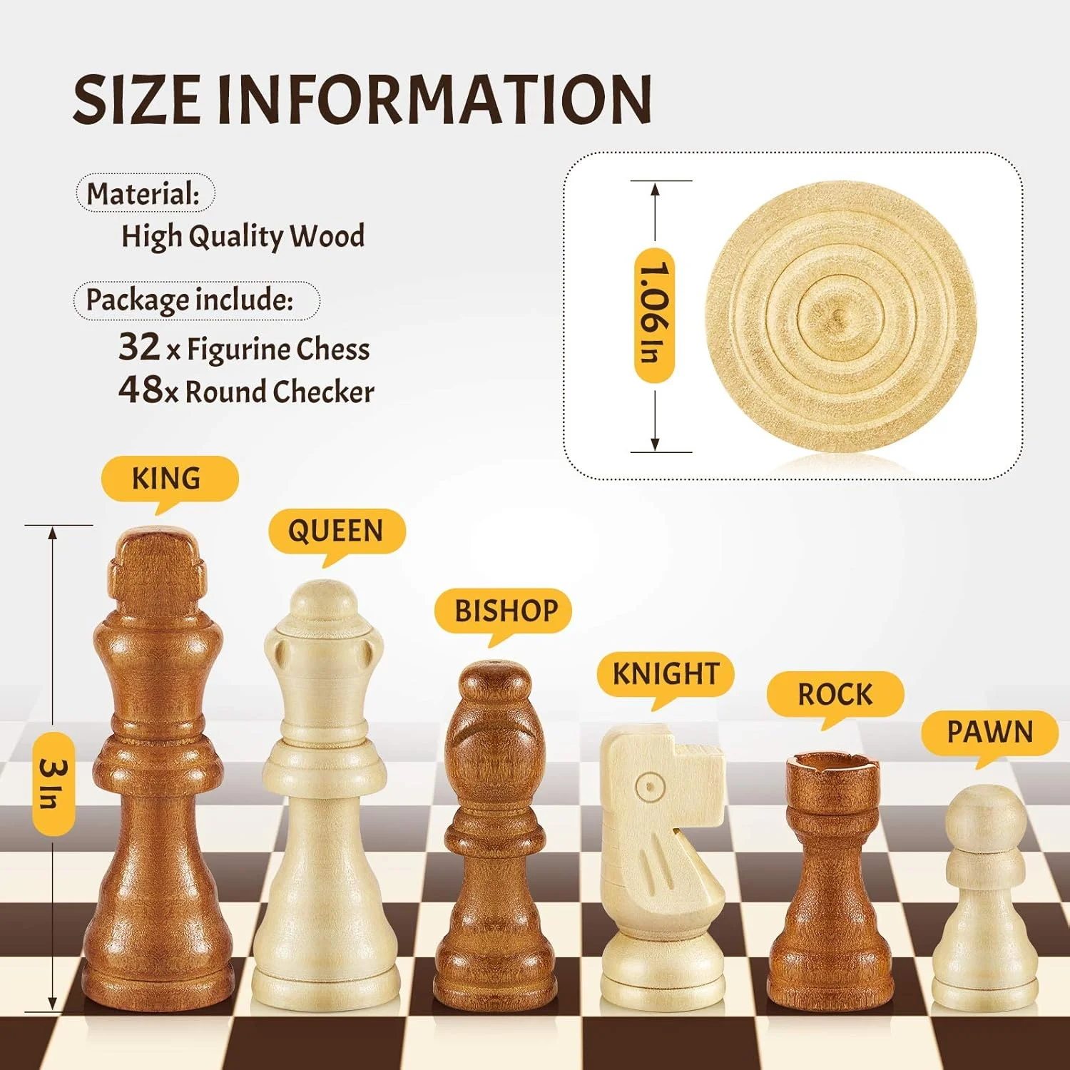 اسکایلیتی 56 عدد مهره چوبی شطرنج دست ساز با کیف توری بند دار، مجموعه بازی شطرنج چوبی کلاسیک، لوازم جانبی بازی های تخته ای در 2 سبک، 2 رنگ (قهوه ای، طبیعی)