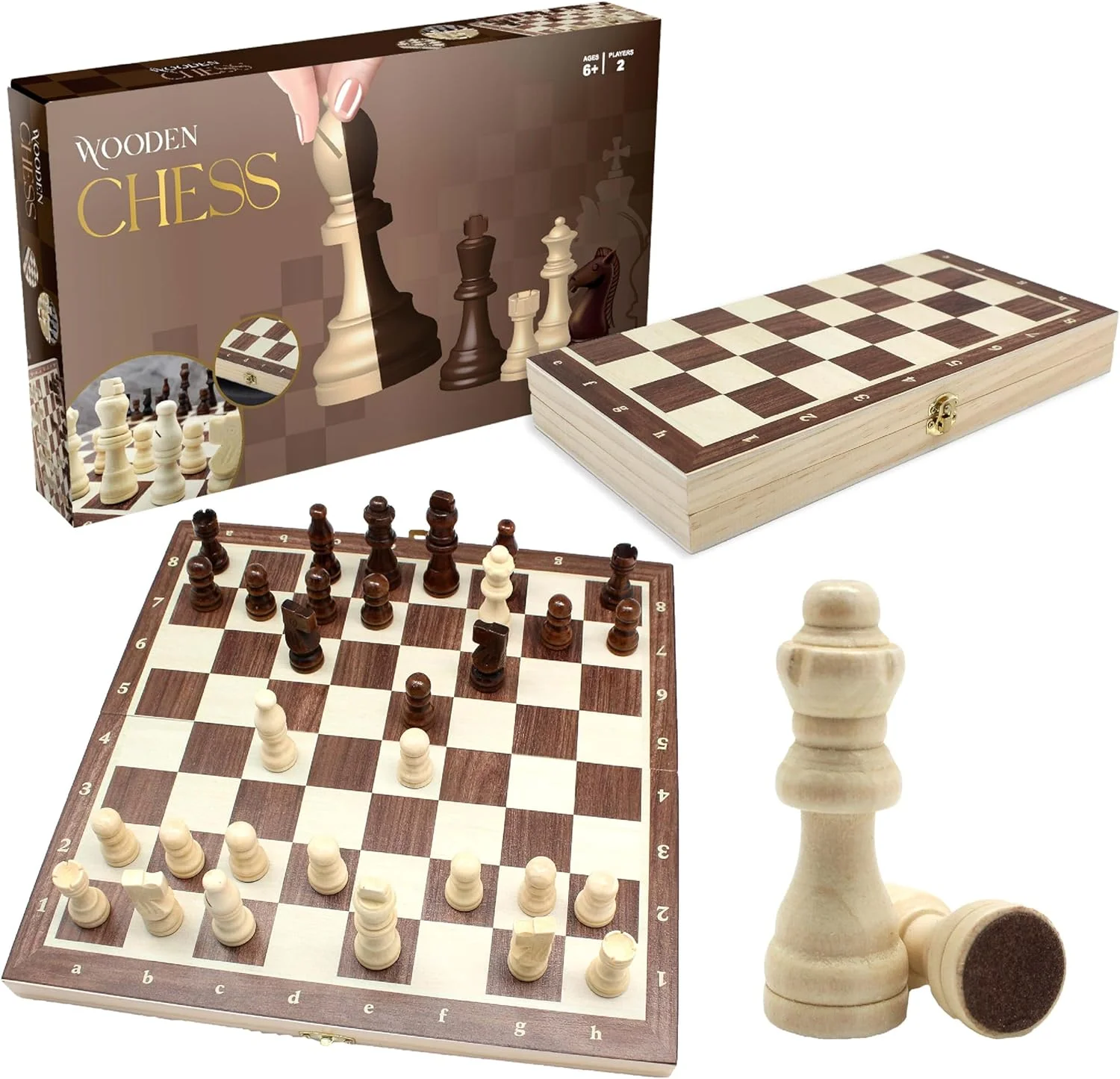 صفحه شطرنج چوبی رو گیمز - صفحه شطرنج چوبی کاج سازگار با محیط زیست با طراحی تاشو و ویژگی های مجموعه شطرنج مسافرتی - شامل مجموعه کامل 32 تکه و محل نگهداری، مناسب برای کودکان و بزرگسالان