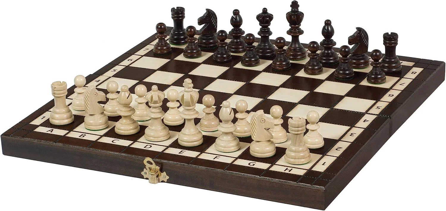 شطرنج و تخته نرد المپیک Sunrise Chess & Games، مهره های سنتی دست ساز، تخته چوبی طبیعی مقاوم در برابر آسیب، جعبه کاربردی