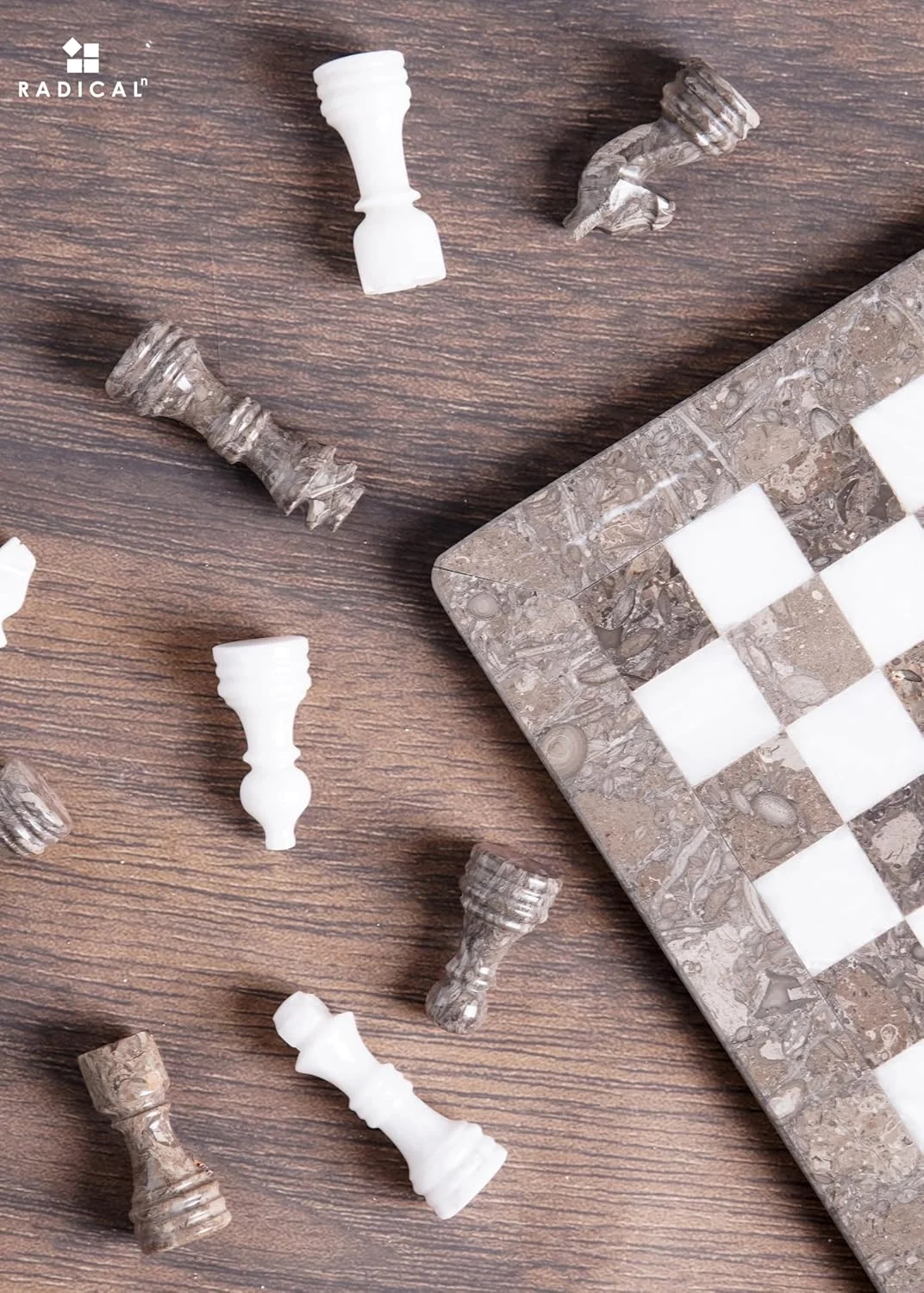 صفحه شطرنج مرمرین رادیکال ان، 30 سانتیمتر، خاکستری اقیانوسی و سفید، بازی تخته ای استراتژیک کلاسیک دست ساز، صفحه و مهره های شطرنج مرمرین ایده آل برای بزرگسالان، شطرنج رومیزی