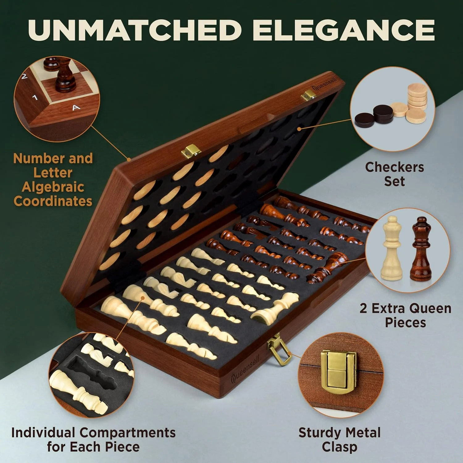 صفحه شطرنج کوئین‌سل - صفحه شطرنج چوبی با مهره‌های مغناطیسی - بازی شطرنج و تخته نرد