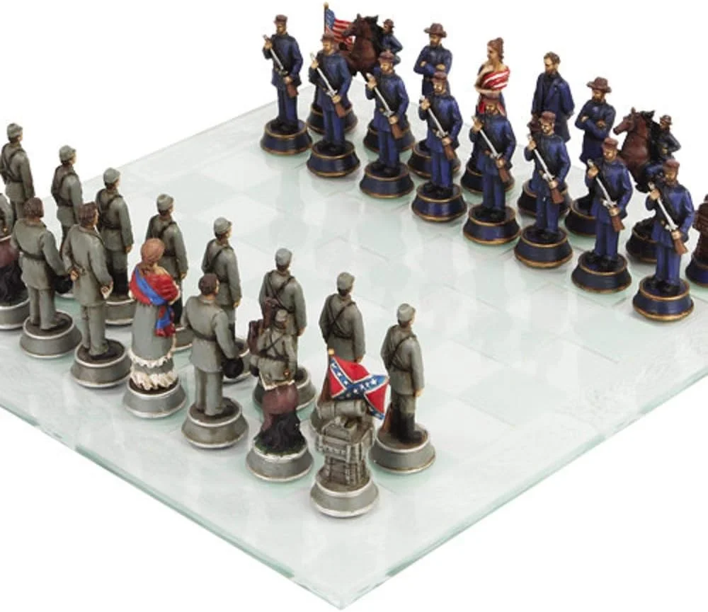 ست شطرنج با تم سربازان جنگ داخلی با صفحه شیشه ای، چند رنگ