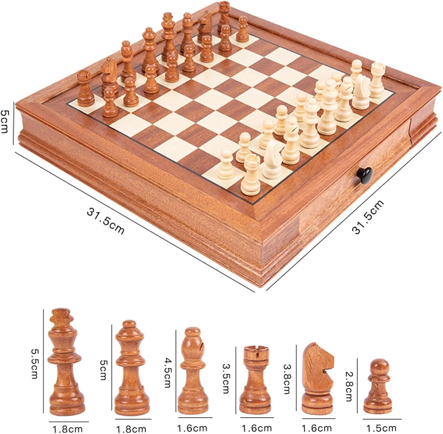 ست بازی شطرنج تخته ای درجه یک بین المللی، کشودار، شطرنج دو در یک متوسط، چوبی محکم مغناطیسی، هدیه تزئینی، زیورآلات مسابقات