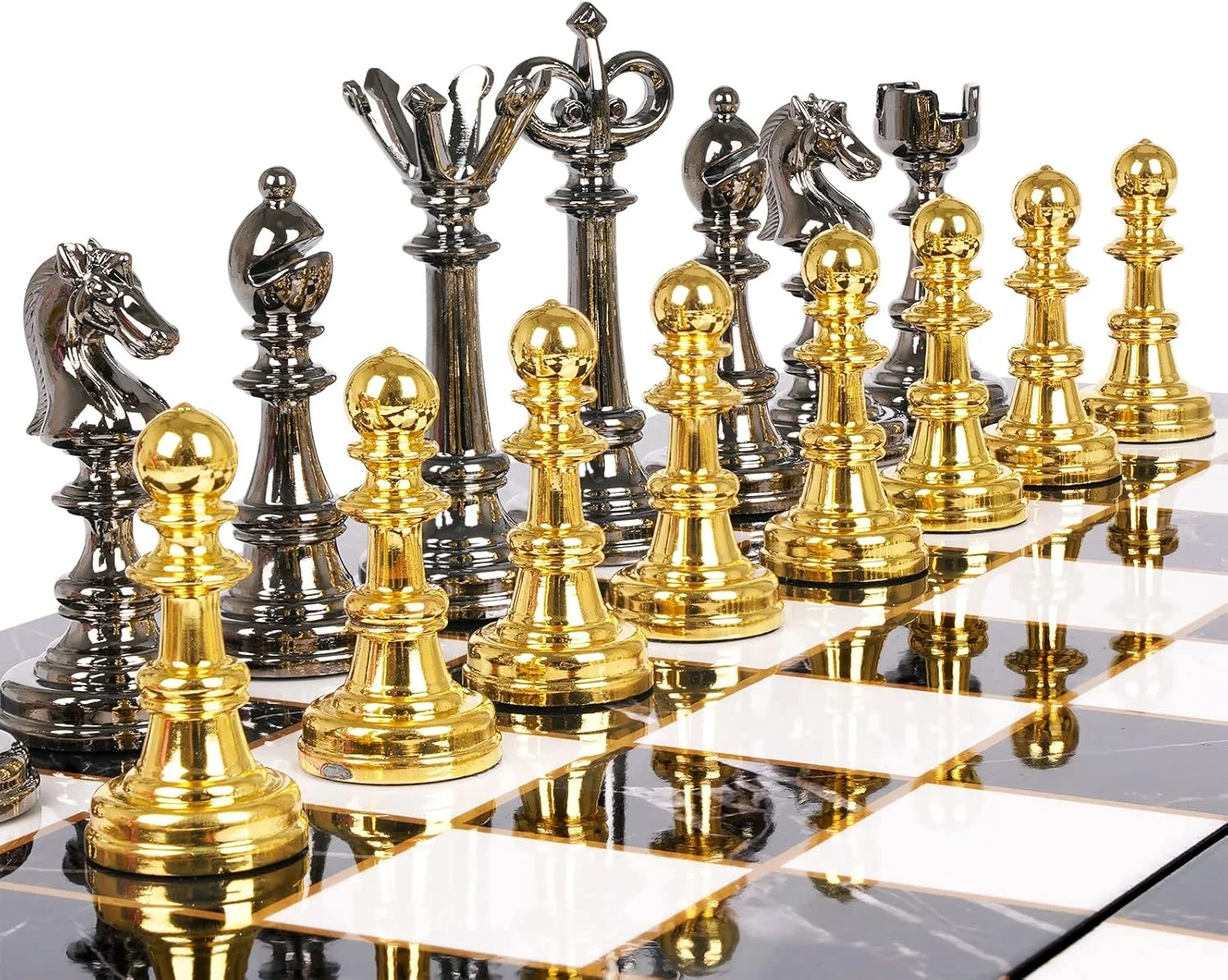 ست بازی شطرنج و تخته نرد فلزی - صفحه بازی شطرنج 2 در 1، 15 اینچی برای بزرگسالان و کودکان - صفحه شطرنج چوبی تاشو قابل حمل - مهره های شطرنج فلزی با جعبه نگهداری