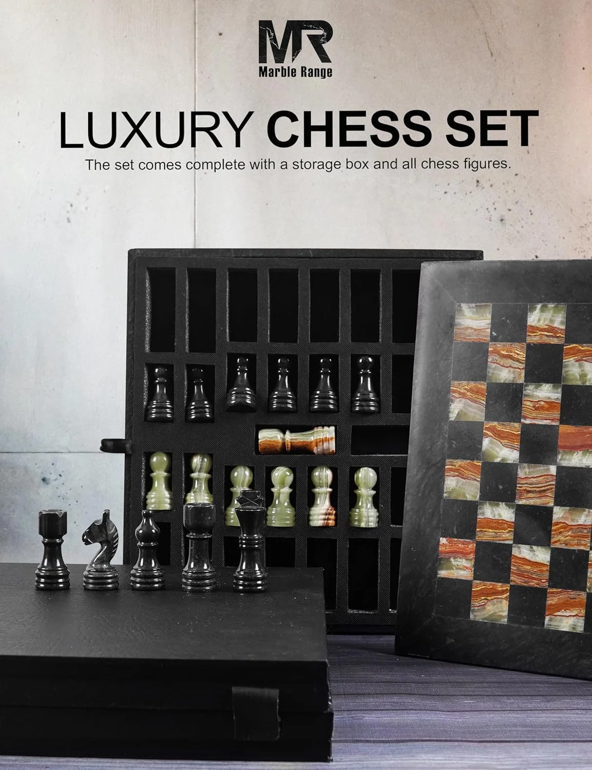 صفحه شطرنج مرمر برای بزرگسالان 30 سانتی‌متری، بازی تخته‌ای اونیکس مشکی و سبز دست‌ساز با 32 مهره شطرنج، 2 وزیر اضافی و جعبه نگهداری، بازی مسافرتی لوکس، هدیه شیک برای دکوراسیون منزل