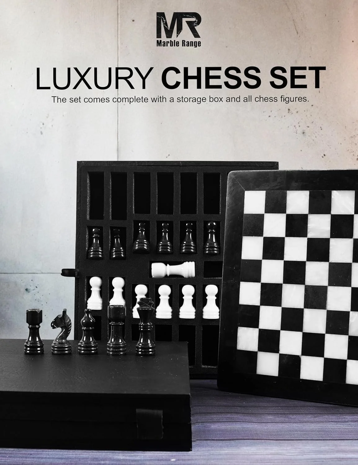 صفحه شطرنج مرمرین دست ساز 12 اینچی سیاه و سفید به همراه 32 مهره شطرنج، 2 وزیر اضافی و جعبه نگهداری، بازی لوکس مسافرتی، هدیه ای شیک برای دکوراسیون منزل