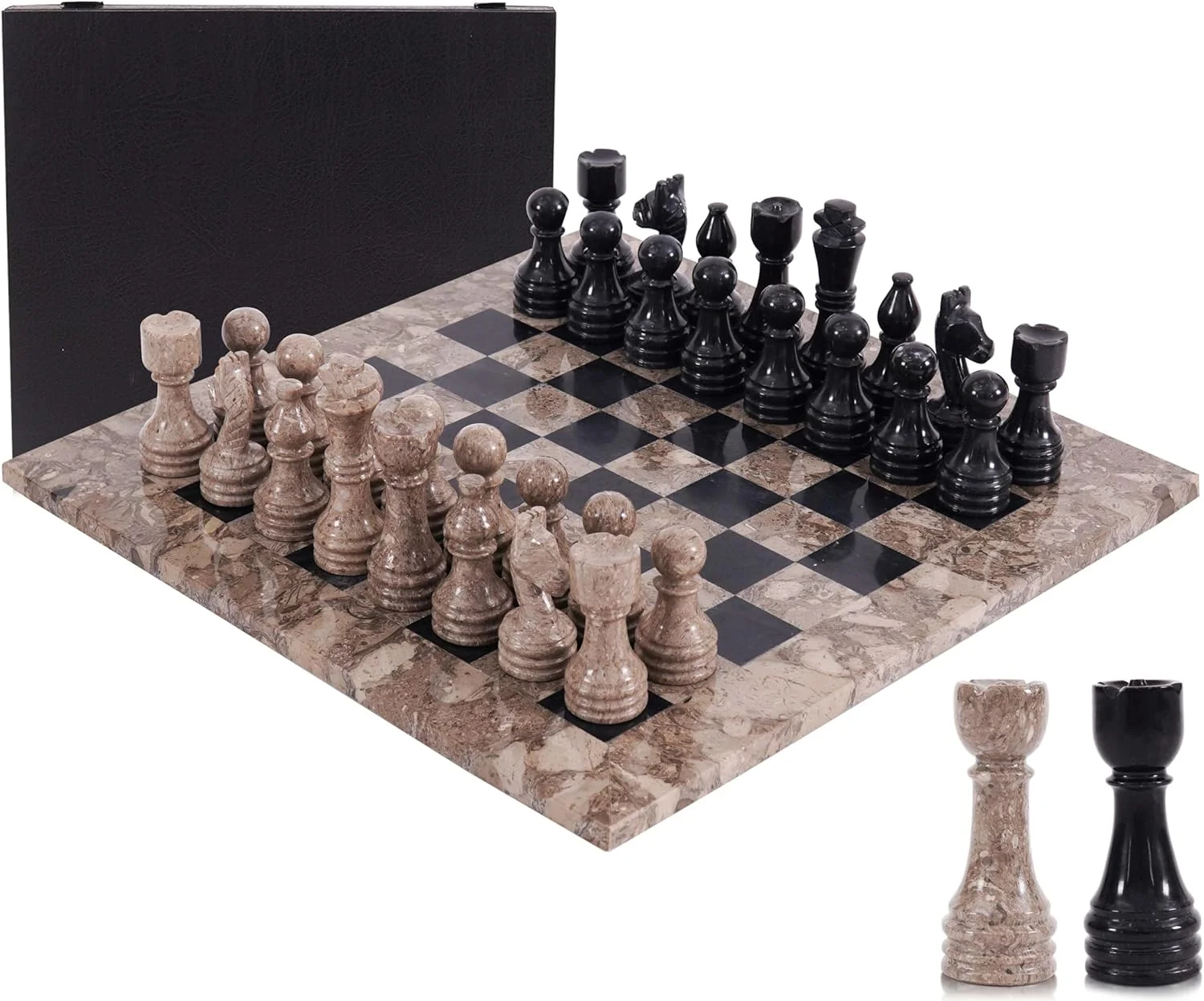 صفحه شطرنج 15 اینچی اقیانوسی و مشکی دست ساز - بازی شطرنج 2 نفره - 1 صفحه شطرنج و 34 مهره شطرنج شامل 2 وزیر اضافی - بازی شطرنج