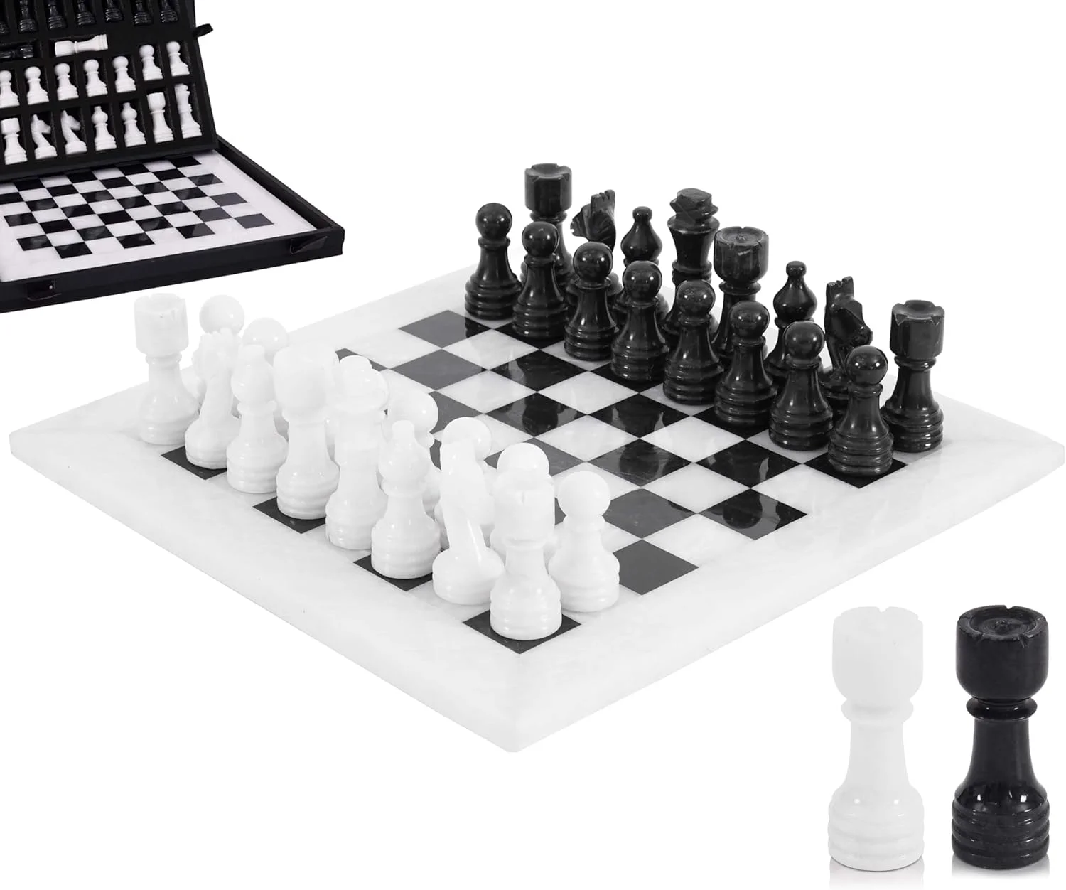 صفحه شطرنج دست ساز سفید و مشکی ۱۲ اینچی مناسب بازی بزرگسالان - ۱ صفحه شطرنج و ۳۴ مهره شطرنج شامل ۲ وزیر اضافی - بازی ۲ نفره - صفحه شطرنج مسافرتی