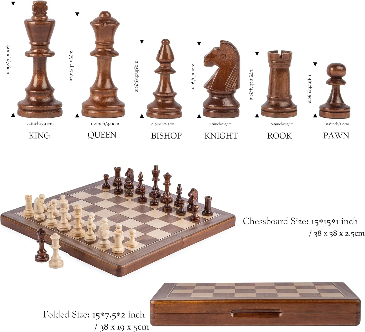 صفحه شطرنج تاشو چوبی 15 اینچی بدون طرح صلیب - مهره های شطرنج با ارتفاع 3 اینچ / صفحه منبت کاری شده گردو و افرا