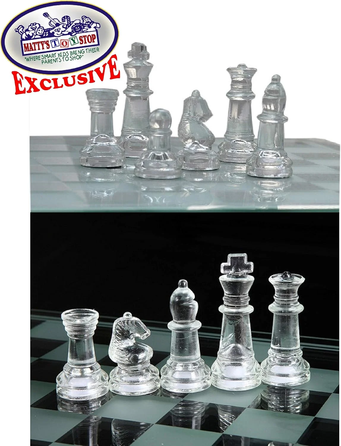 ست شطرنج شیشه ای مات و شفاف لوکس ماتیز توی استاپ (10 اینچ) کوچک