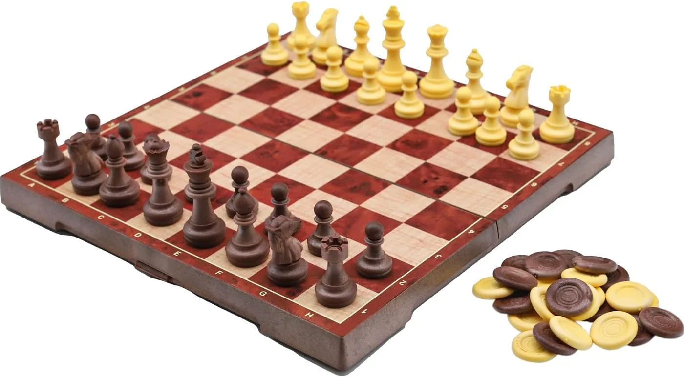 تخته شطرنج مغناطیسی، تخته نرد و میز بازی با صفحه تاشو قابل حمل برای مسافرت کودکان و بزرگسالان (قهوه ای)