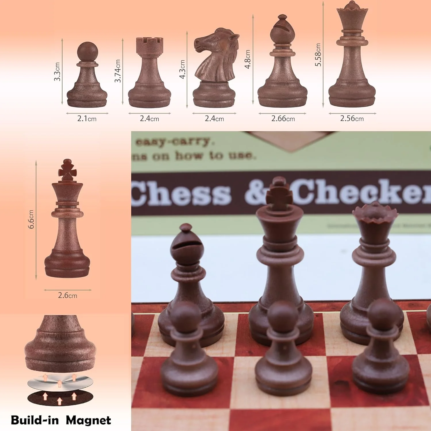 تخته شطرنج مغناطیسی، تخته نرد و میز بازی با صفحه تاشو قابل حمل برای مسافرت کودکان و بزرگسالان (قهوه ای)