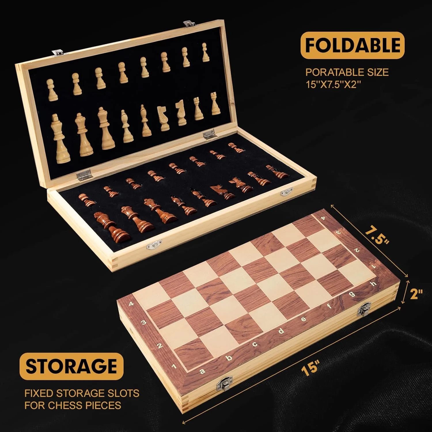 صفحه شطرنج چوبی 38 سانتی متری LuckyWish با صفحه بازی نمدی داخلی برای نگهداری، صفحه تاشو مغناطیسی و بسته بندی شطرنج کلمه ای