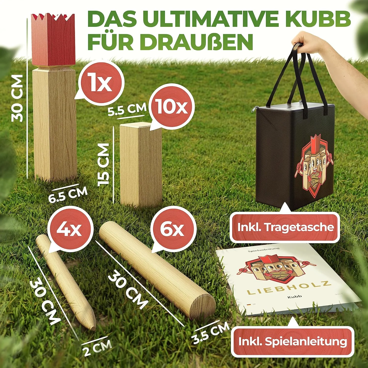 بازی پرتابی وایکینگ Kubb درجه یک به همراه کیف حمل و دستورالعمل بازی - شطرنج سوئدی اصل ساخته شده از چوب رابر پایدار FSC - بازی Kubb وایکینگ XXL قوی برای