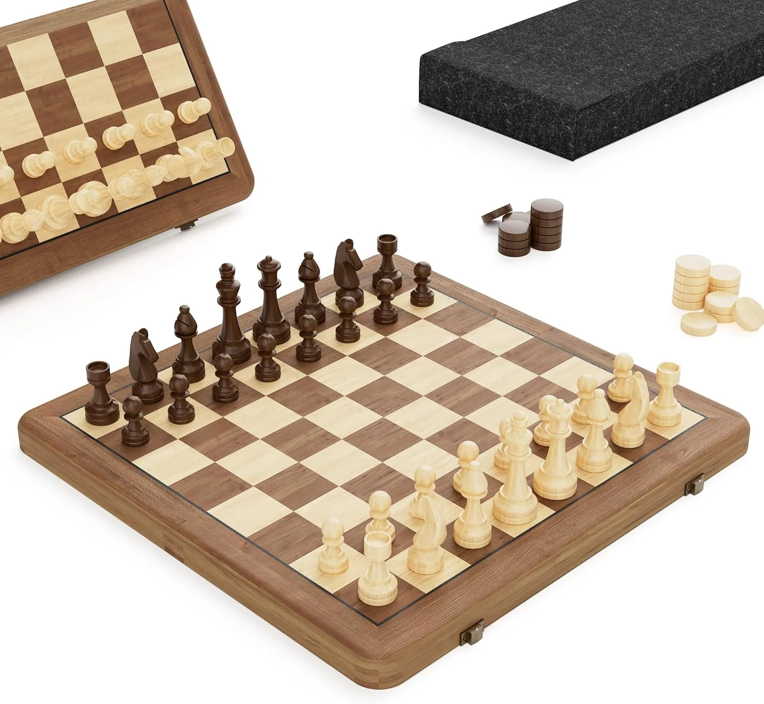 صفحه شطرنج چوبی تاشو مغناطیسی - صفحه دو رنگ دست ساز با جعبه نگهداری، بازی لوکس قابل حمل برای بزرگسالان و کلکسیونرها