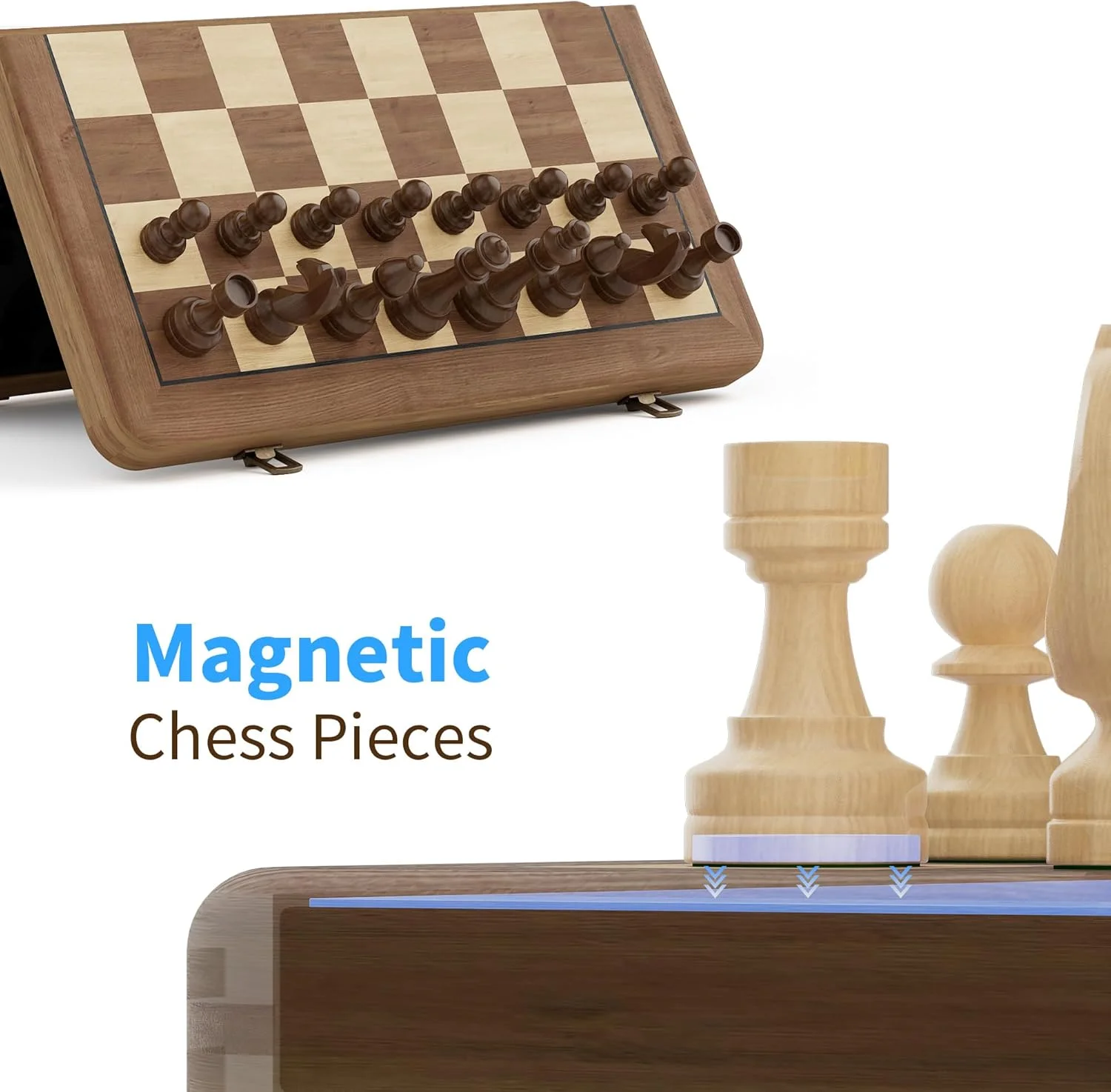 صفحه شطرنج چوبی تاشو مغناطیسی - صفحه دو رنگ دست ساز با جعبه نگهداری، بازی لوکس قابل حمل برای بزرگسالان و کلکسیونرها
