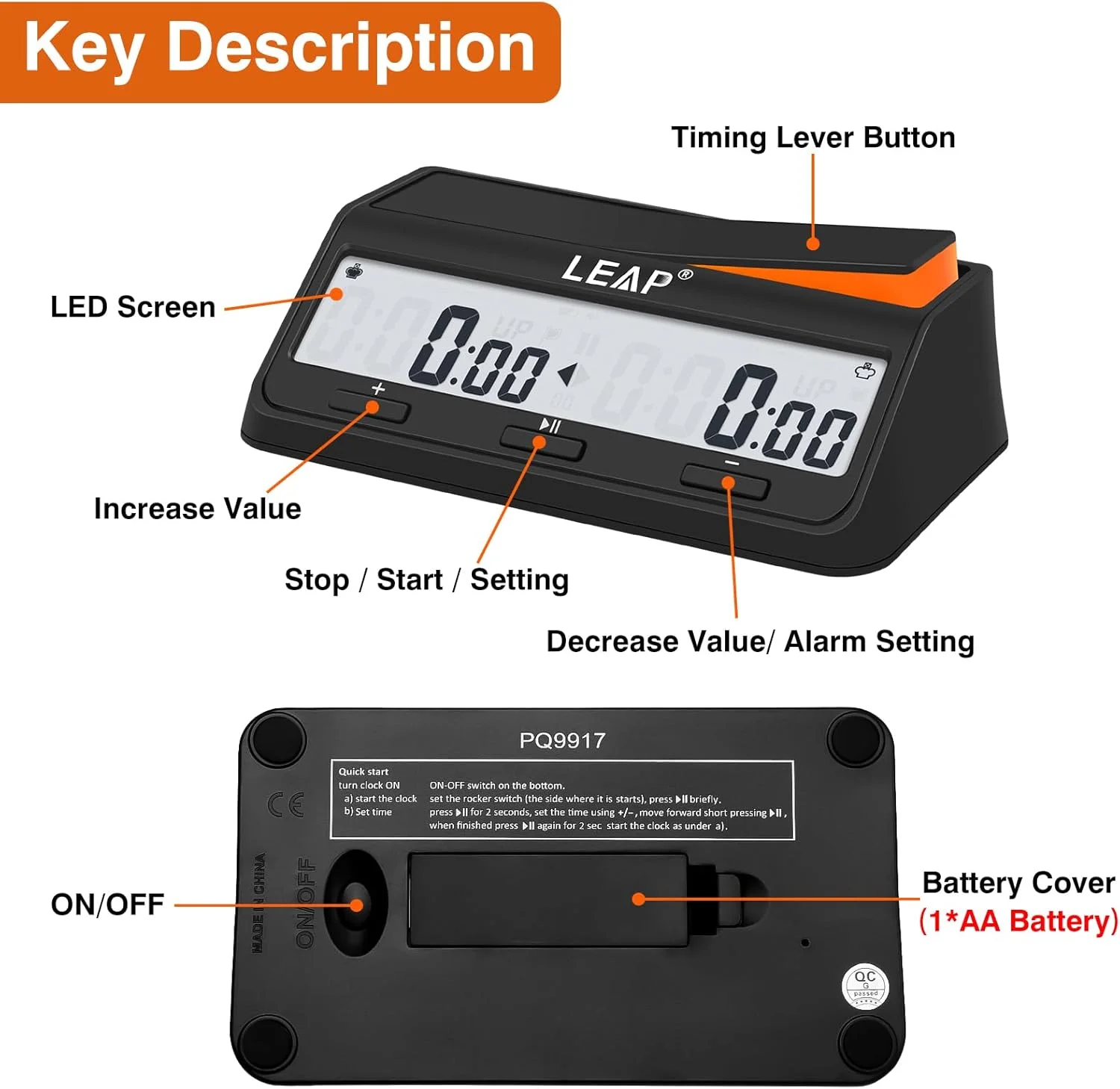 ساعت شطرنج LEAP، تایمر دیجیتال ارتقا یافته با عملکرد شمارش معکوس تاخیر و پاداش برای شطرنج و بازی های تخته ای 2 نفره، مشکی جدید