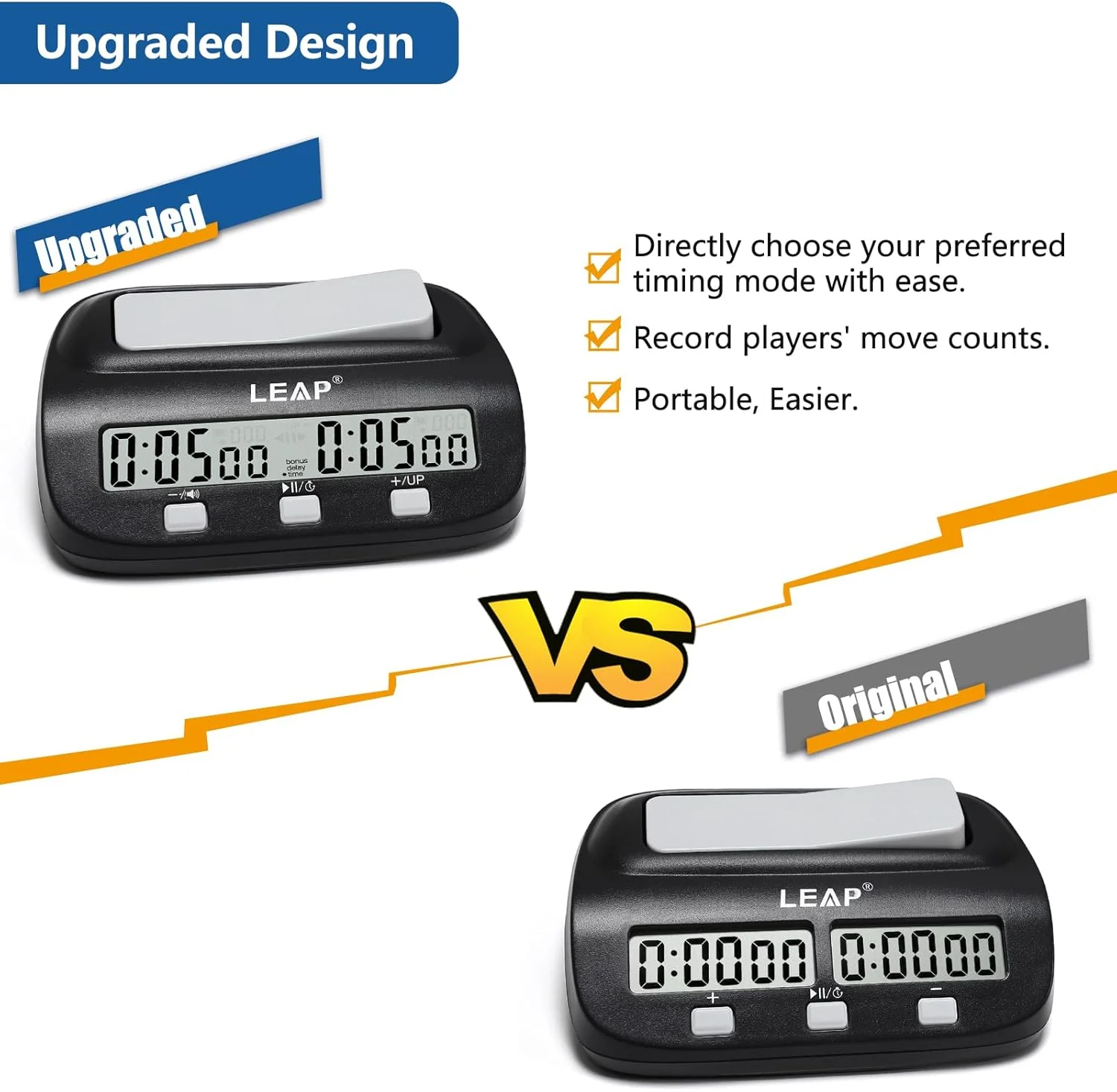 ساعت شطرنج LEAP، تایمر دیجیتال ارتقا یافته با عملکرد شمارش معکوس تاخیر و جایزه برای شطرنج و بازی های تخته ای 2 نفره - مشکی