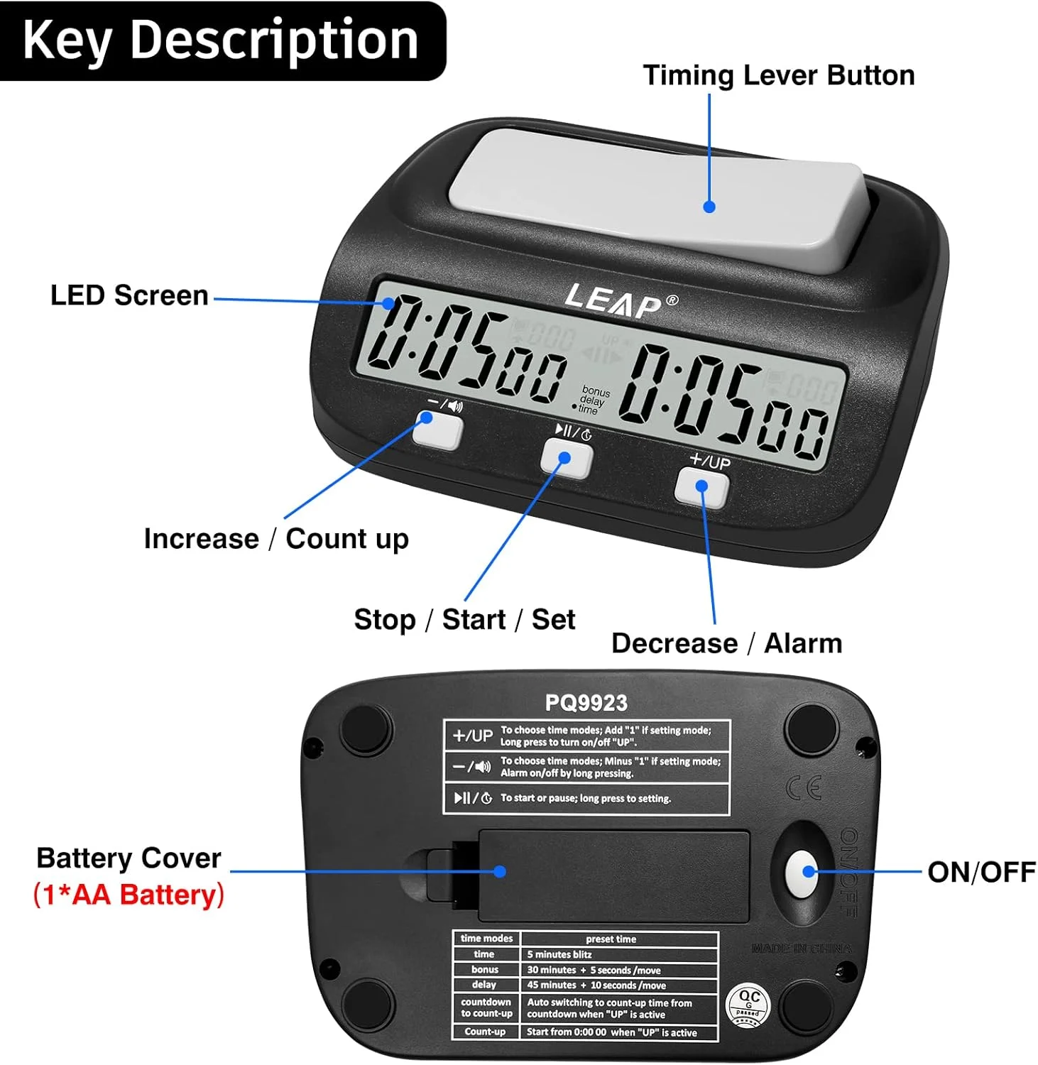 ساعت شطرنج LEAP، تایمر دیجیتال ارتقا یافته با عملکرد شمارش معکوس تاخیر و جایزه برای شطرنج و بازی های تخته ای 2 نفره - مشکی