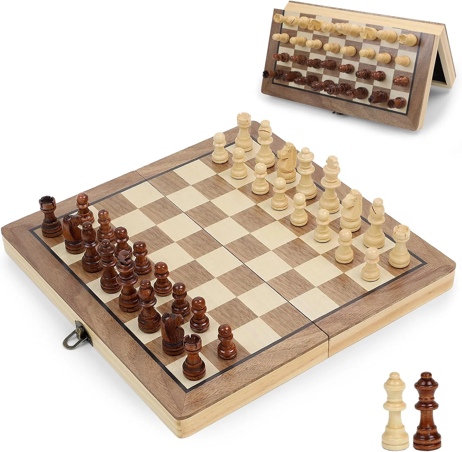 صفحه شطرنج چوبی LEAP، سایز مسافرتی مغناطیسی ۲۹ سانتی متر - ۲ وزیر اضافی - صفحه تاشو مغناطیسی، ست بازی شطرنج مسافرتی قابل حمل دست ساز با اسلات های ذخیره سازی مهره ها برای همه بزرگسالان و مبتدیان