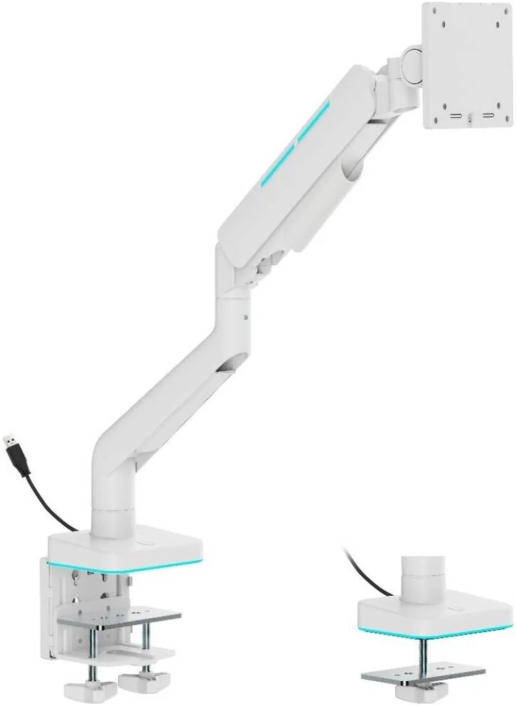 بازوی مانیتور گیمینگ GamerTek Pivot Single RGB، پشتیبانی از سایز صفحه نمایش 17 تا 49 اینچ، حداکثر ظرفیت وزن 20 کیلوگرم، مکانیزم فنر گازی، سازگار با VESA 75 x 75 میلی متر و 100 x 100 میلی متر، سفید | 616985067053