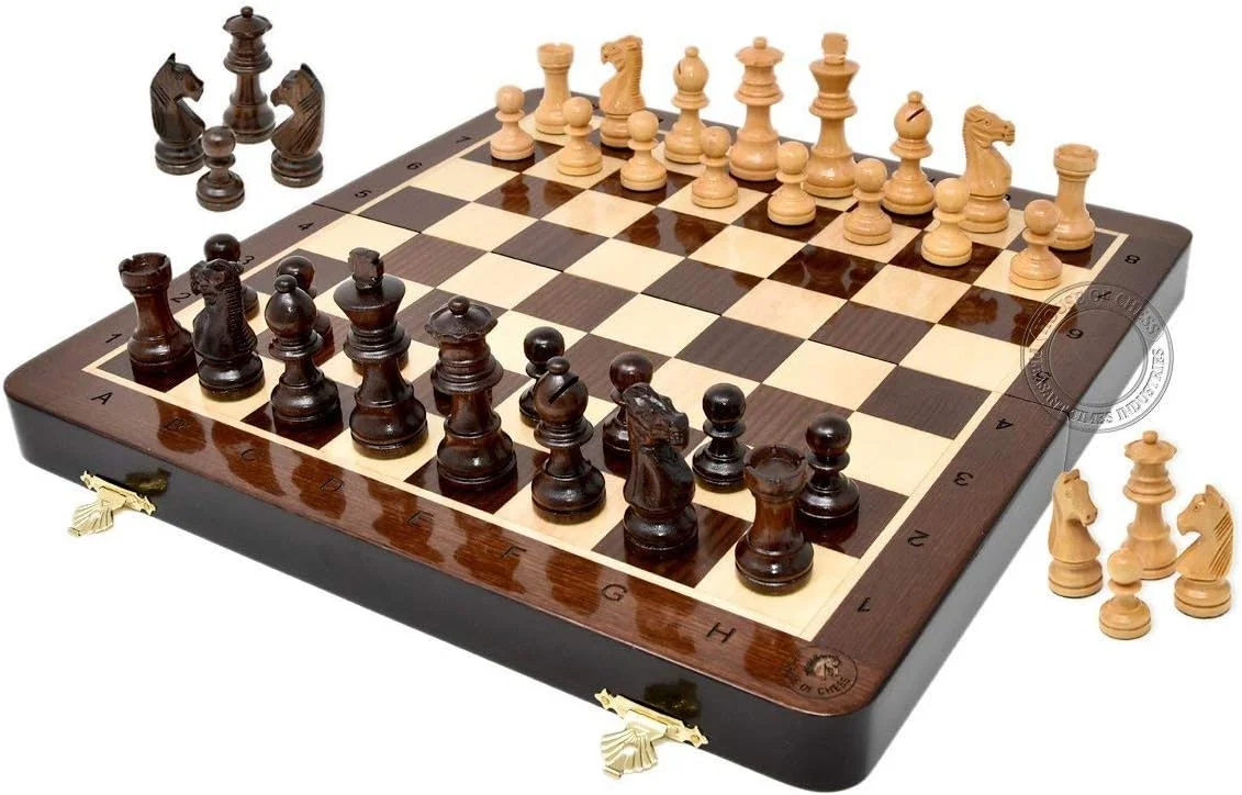 صفحه شطرنج تاشو مغناطیسی چوبی مسافرتی 12 اینچی - 2 اسب اضافی، 2 سرباز اضافی، 2 وزیر اضافی و نشانه گذاری جبری - دست ساز - کیفیت عالی