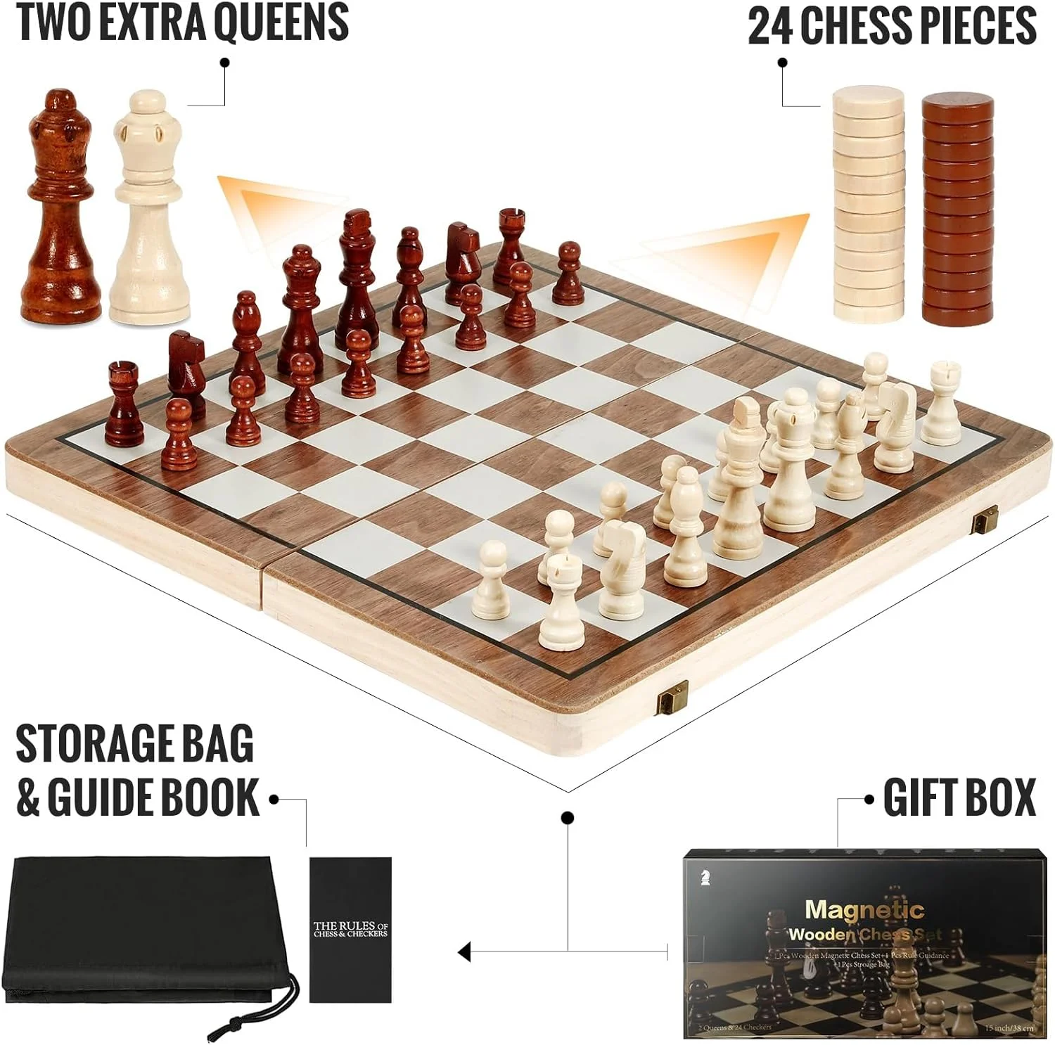 بازی شطرنج مغناطیسی چوبی، صفحه شطرنج دست ساز ساخته شده از چوب واقعی، بازی شطرنج 2 در 1، بازی شطرنج مغناطیسی با فضای ذخیره سازی، تاشو برای فعالیت های خانوادگی مهمانی، شطرنج مسافرتی