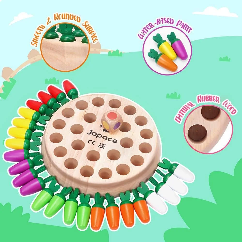 بازی حافظه چوبی Japace، بازی آموزشی شطرنج حافظه هویج برای کودکان، تقویت تمرکز، بازی تخته ای خانوادگی و اسباب بازی مونته سوری از 3 4 5 سال